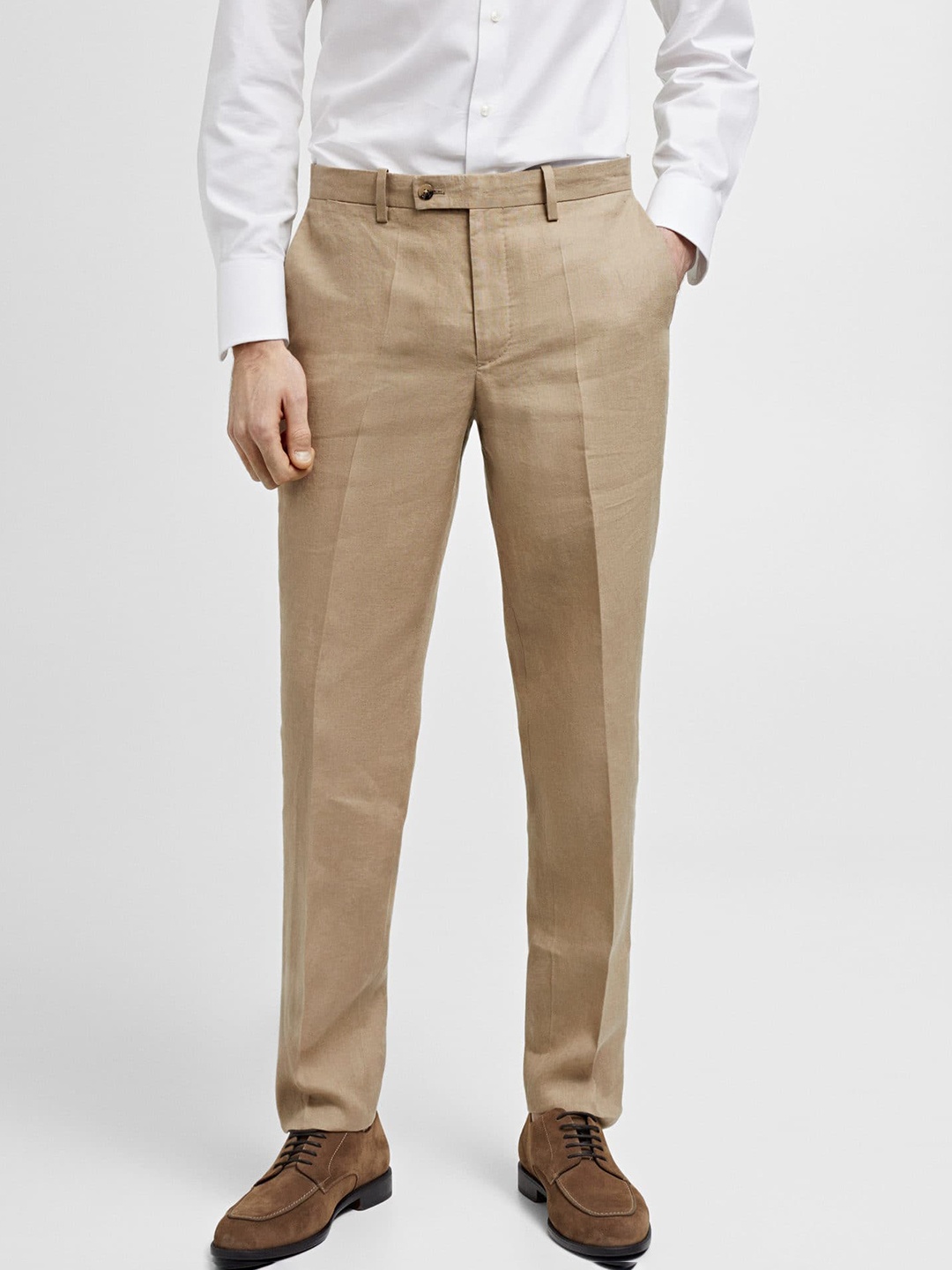 

MANGO MAN Pure Linen Slim Fit Formal Trousers, Beige