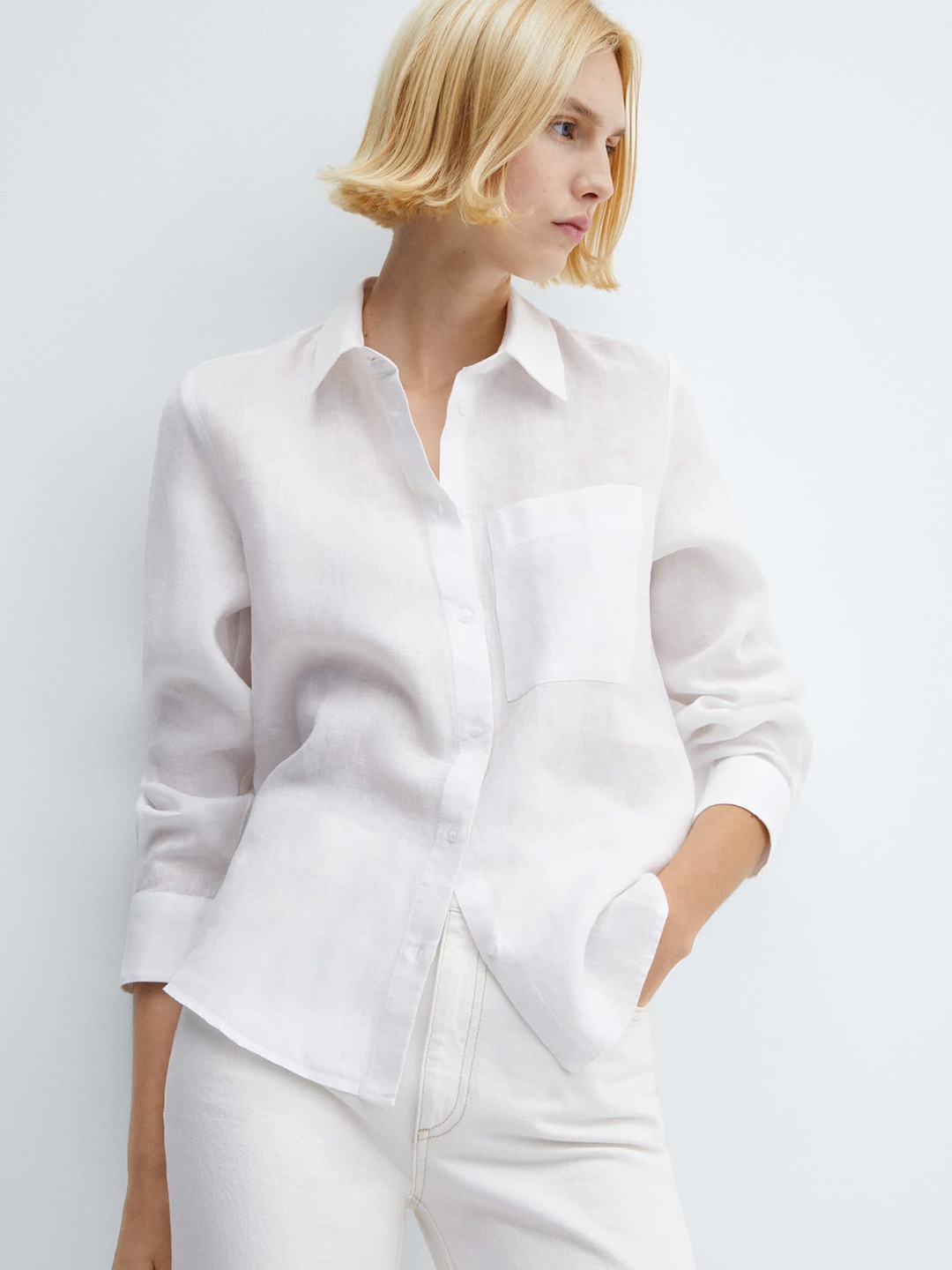 

MANGO Full Sleeves Linen Casual Shirt, White