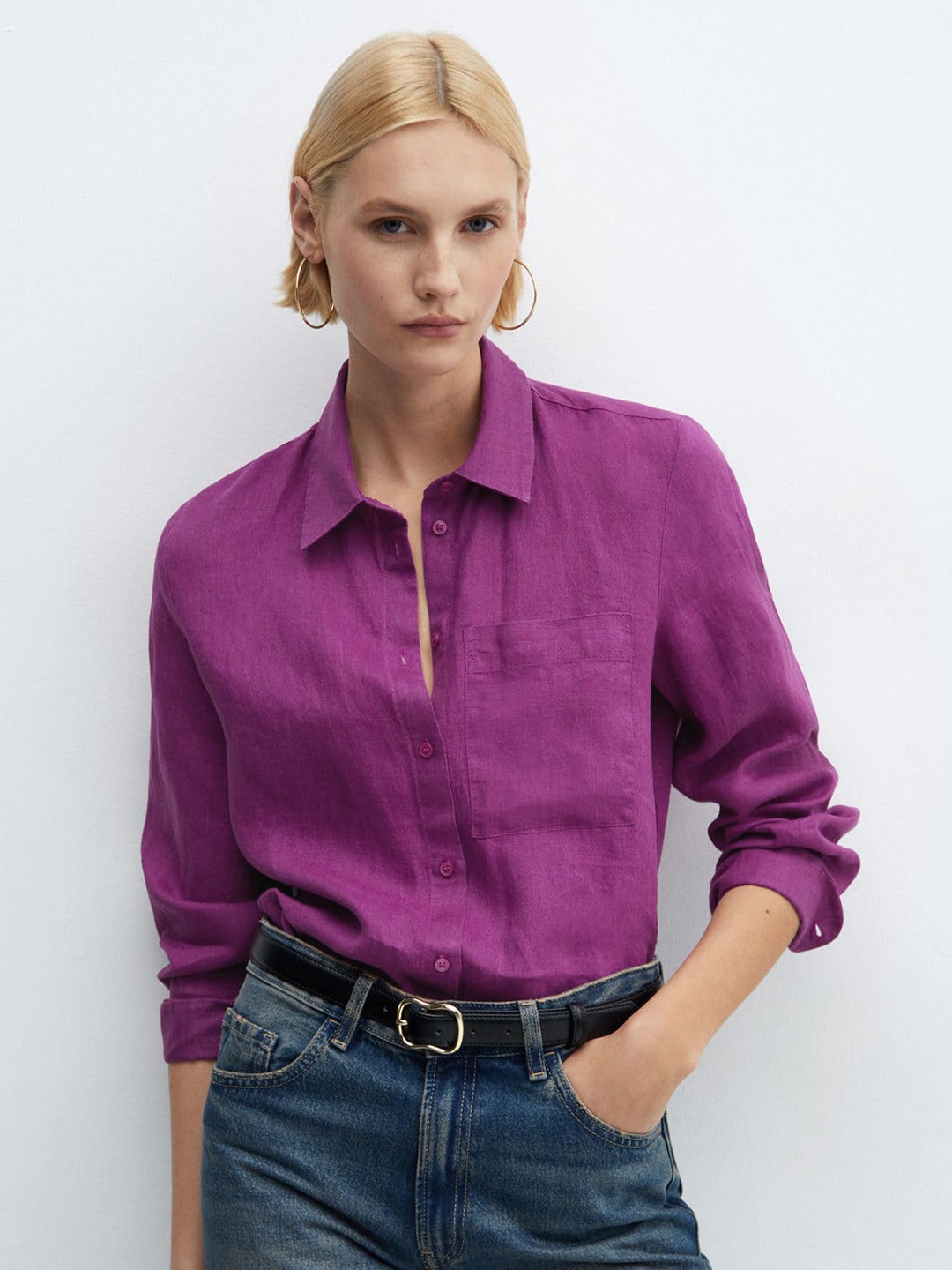 

MANGO Women Pure Linen Casual Shirt, Magenta
