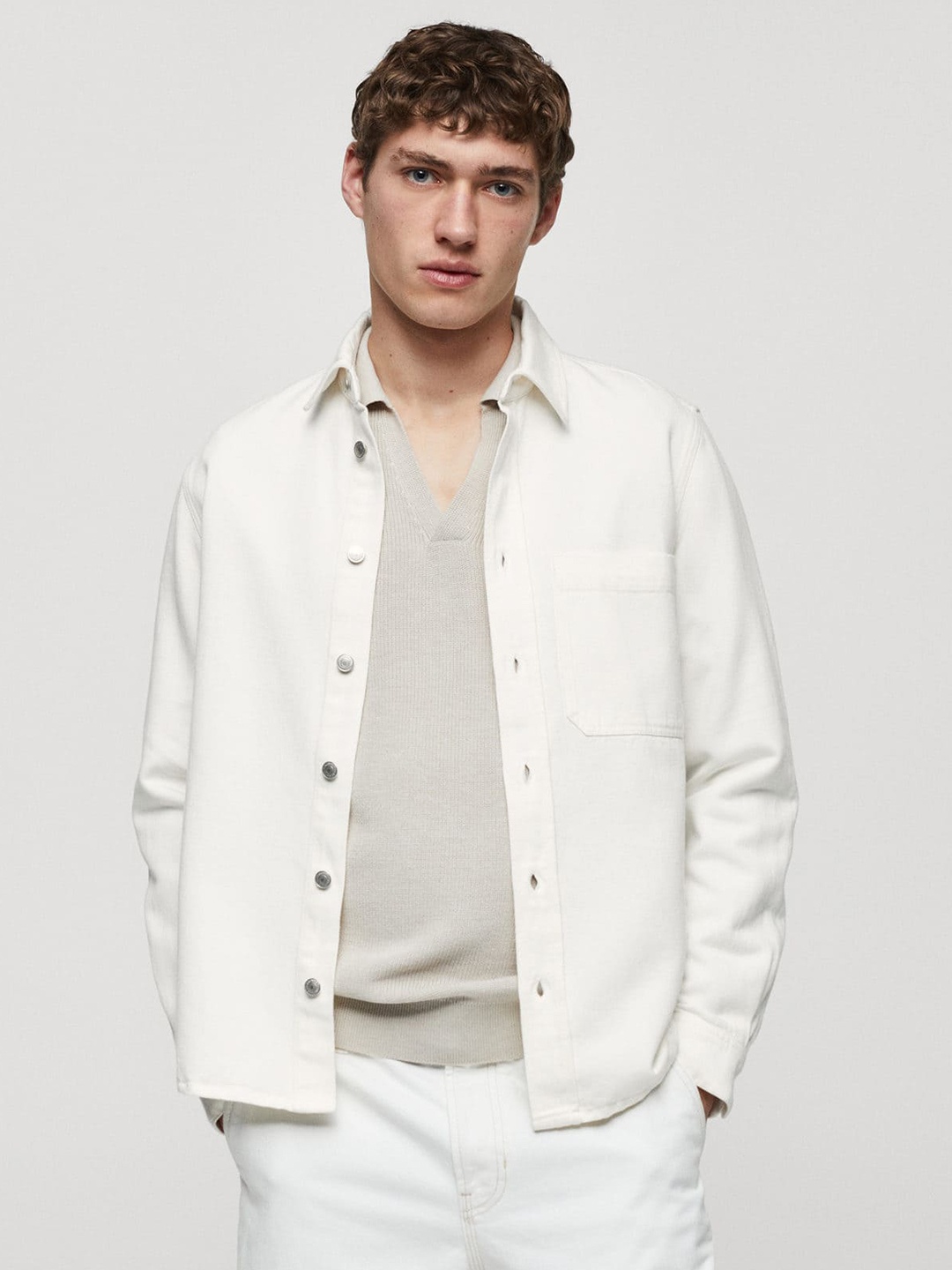 

MANGO MAN Cotton Linen Shacket, White