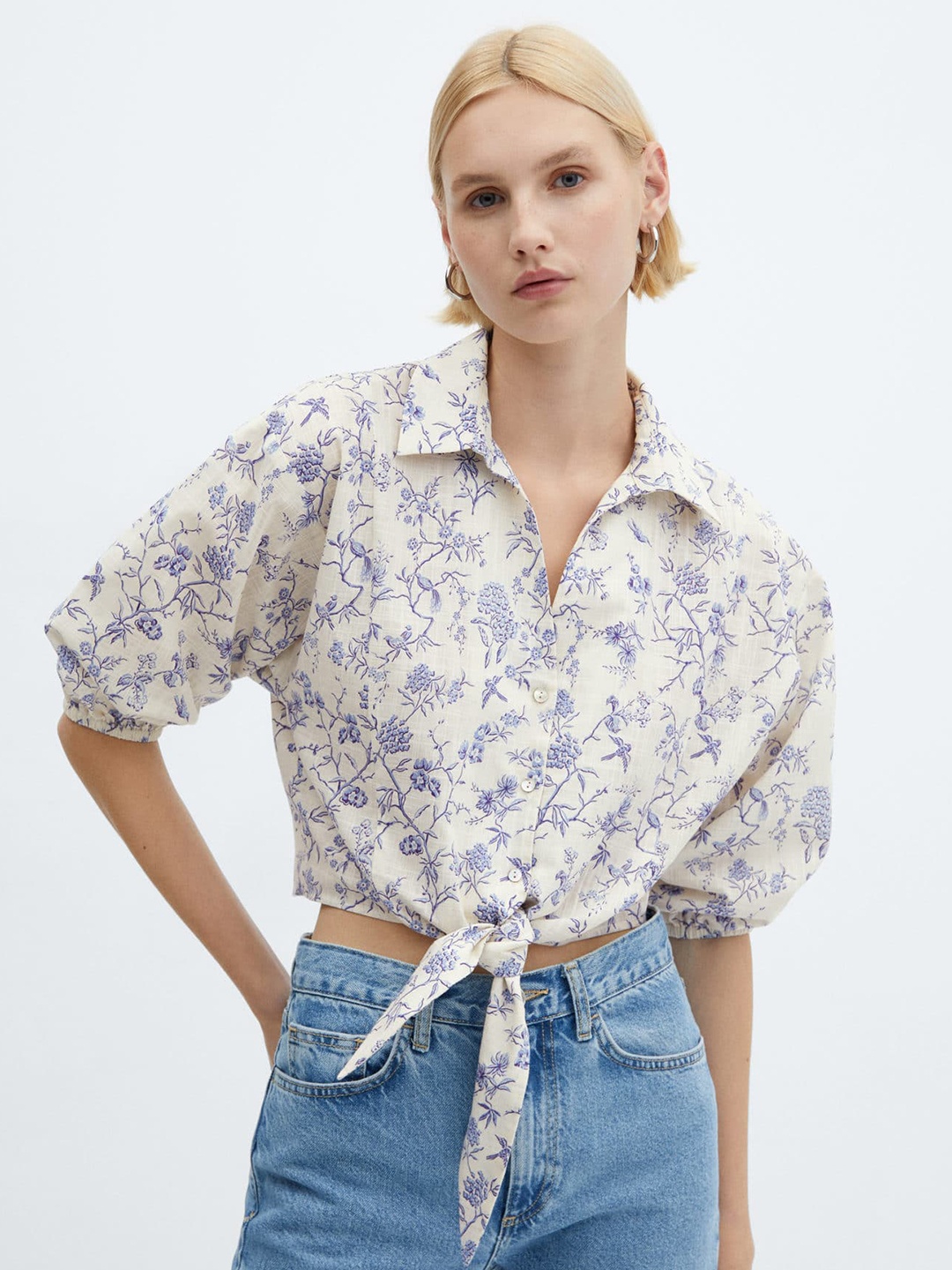 

MANGO Women Floral Printed Tie-Up Pure Cotton Crop Shirt, Off white