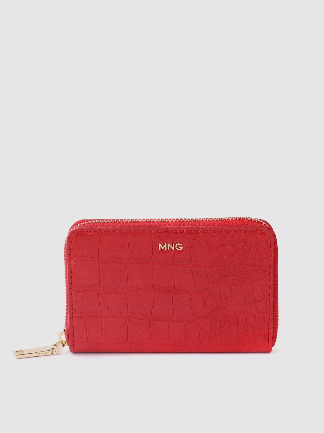 

MANGO Women Croc Textured Zip Around Wallet, Red