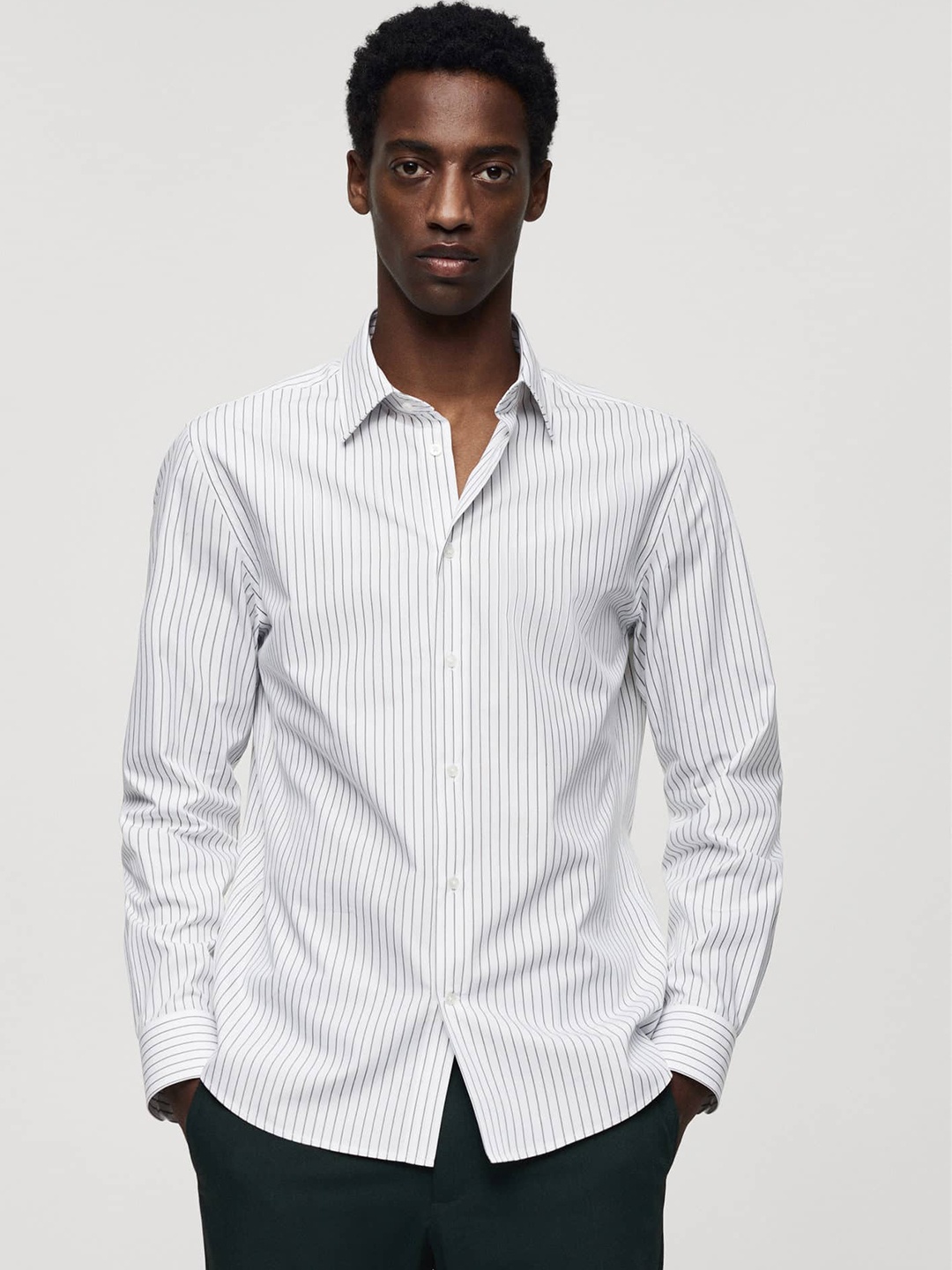 

MANGO MAN Coolmax Slim Fit Opaque Striped Smart Casual Shirt, White