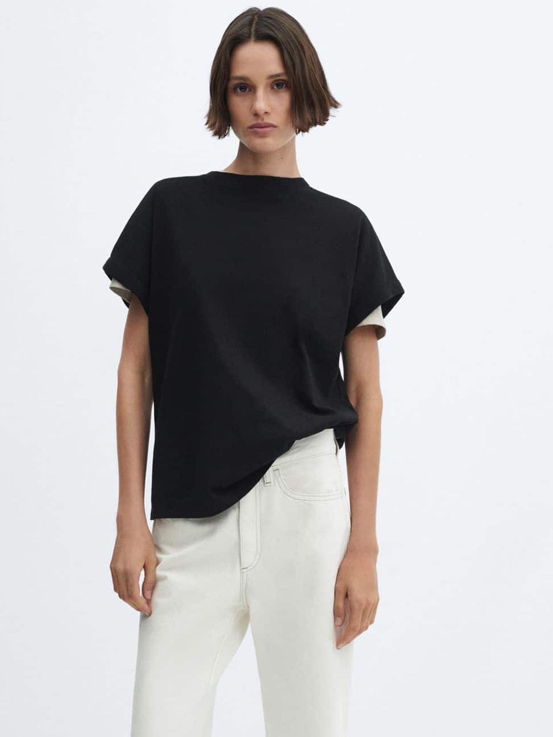 

MANGO Extended Sleeves Pure Cotton T-shirt, Black