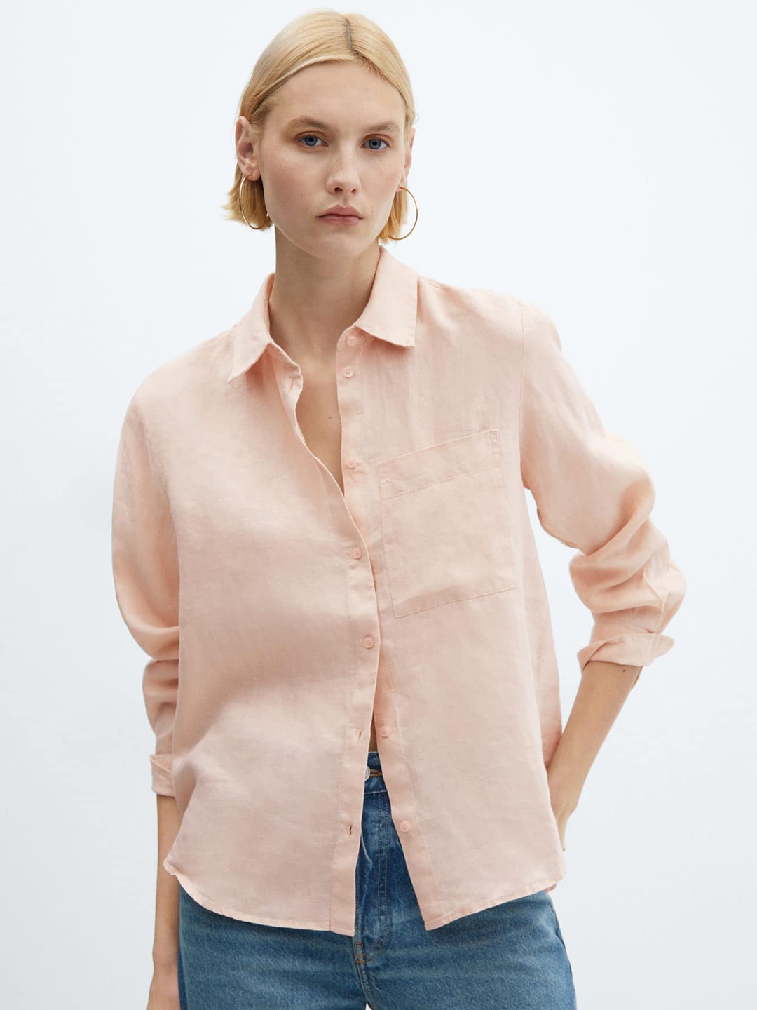 

MANGO Women Pure Linen Casual Shirt, Peach