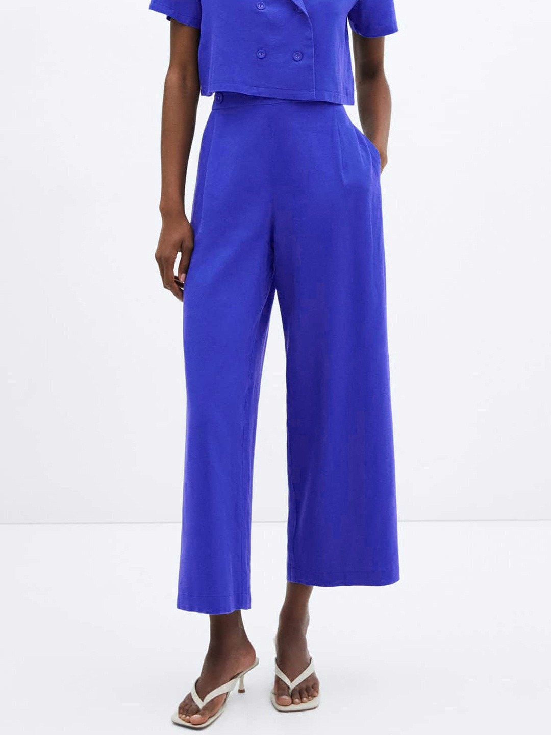 

MANGO Women Wideleg Linen Trousers, Blue