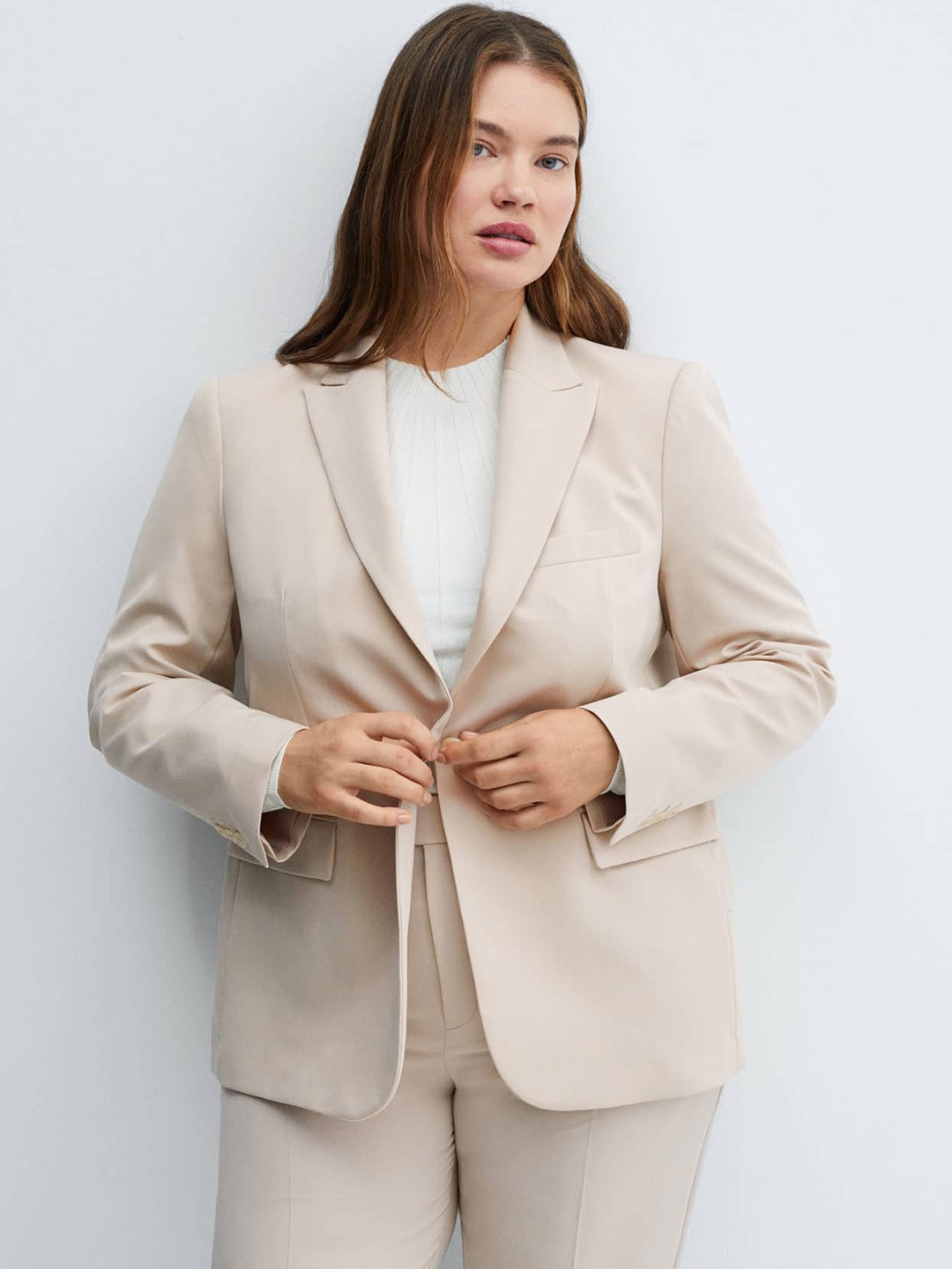 

MANGO Single-Breasted Formal Blazer, Beige