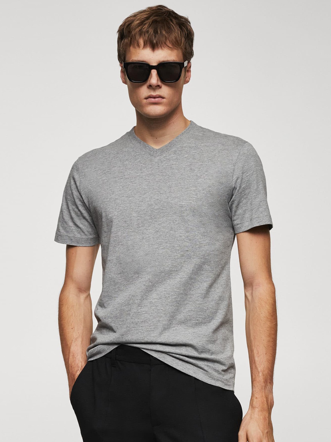 

MANGO MAN V-Neck Slim Fit T-shirt, Grey melange