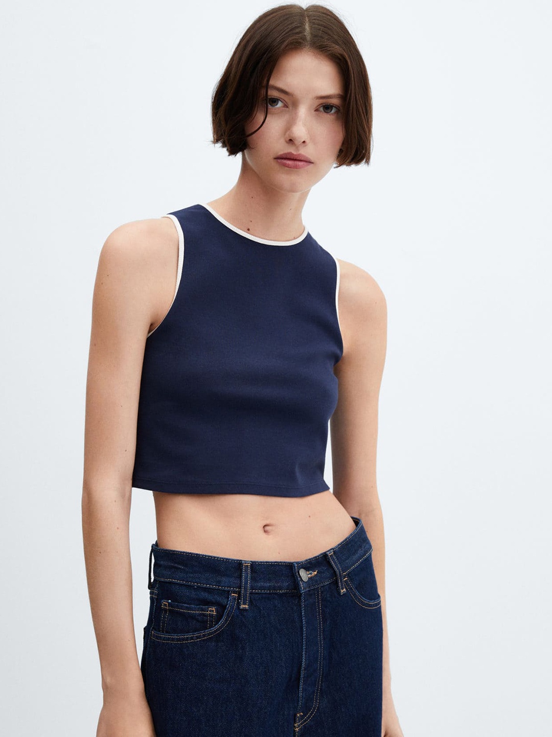 

MANGO Contrast Trim Tank Crop Top, Navy blue