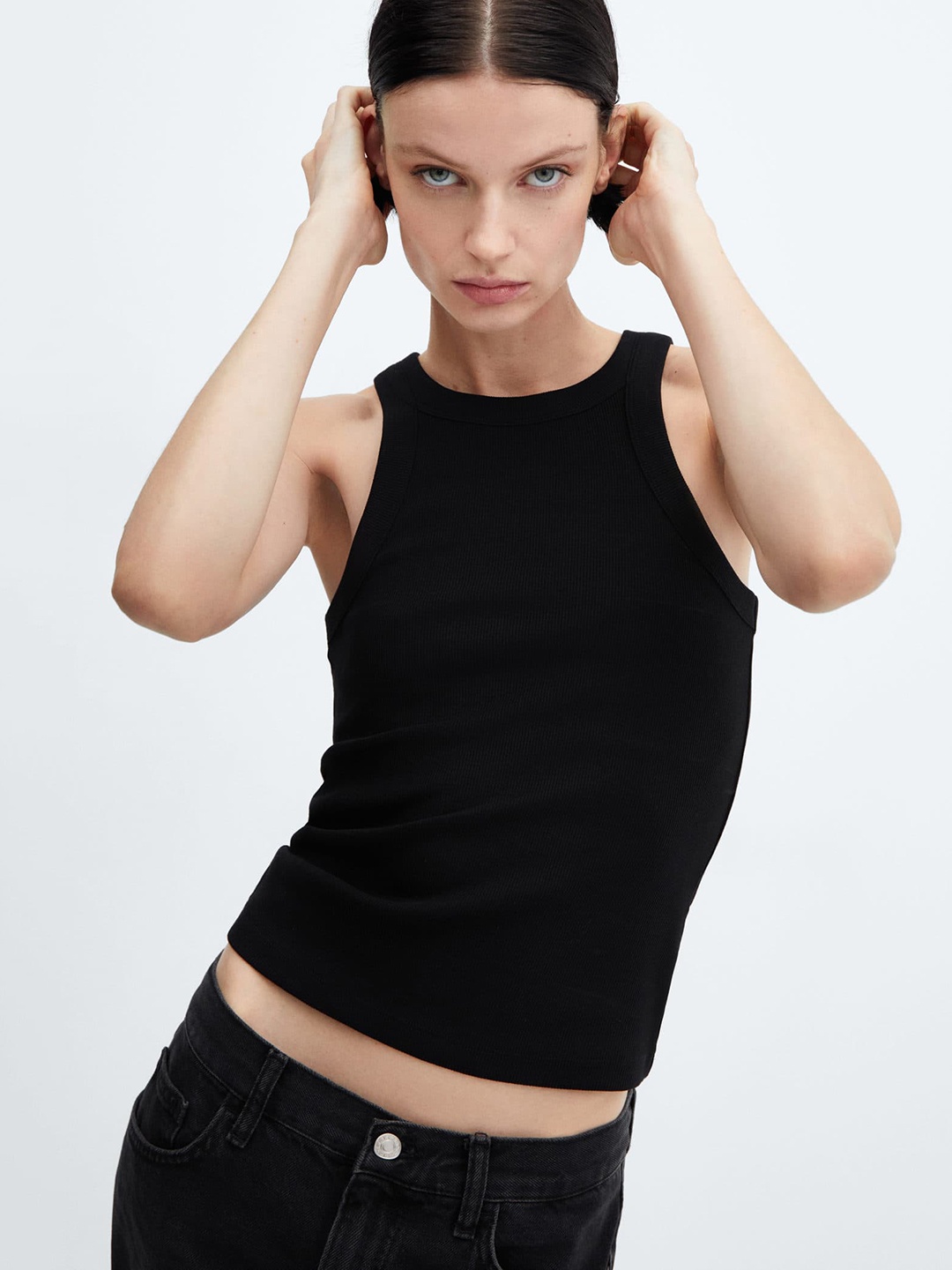 

MANGO Ribbed Tank Crop Top, Black