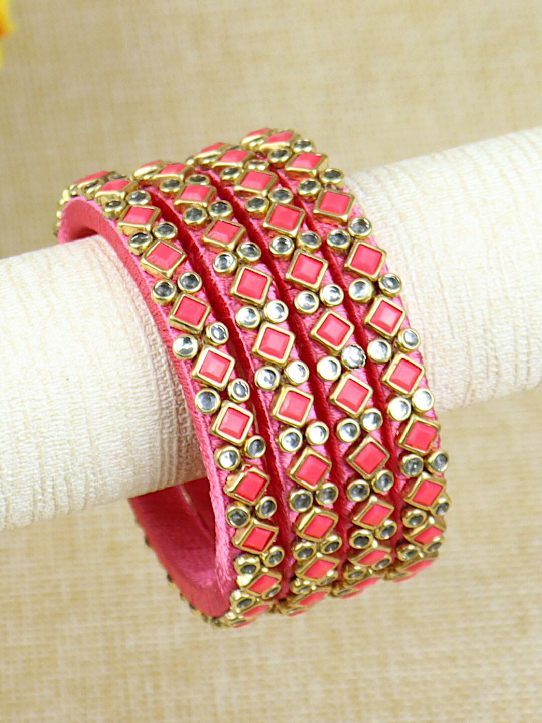 

Asthetika Kids Girls Set Of 4 Kundan Studded Thread Bangles, Pink