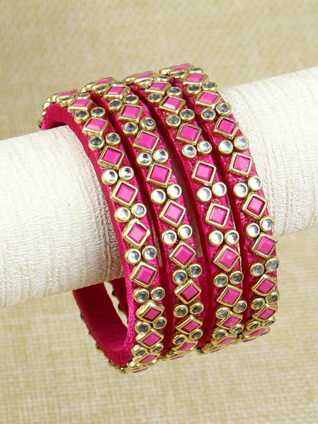 

Asthetika Kids Girls Set Of 4 Kundan Studded Thread Bangles, Pink