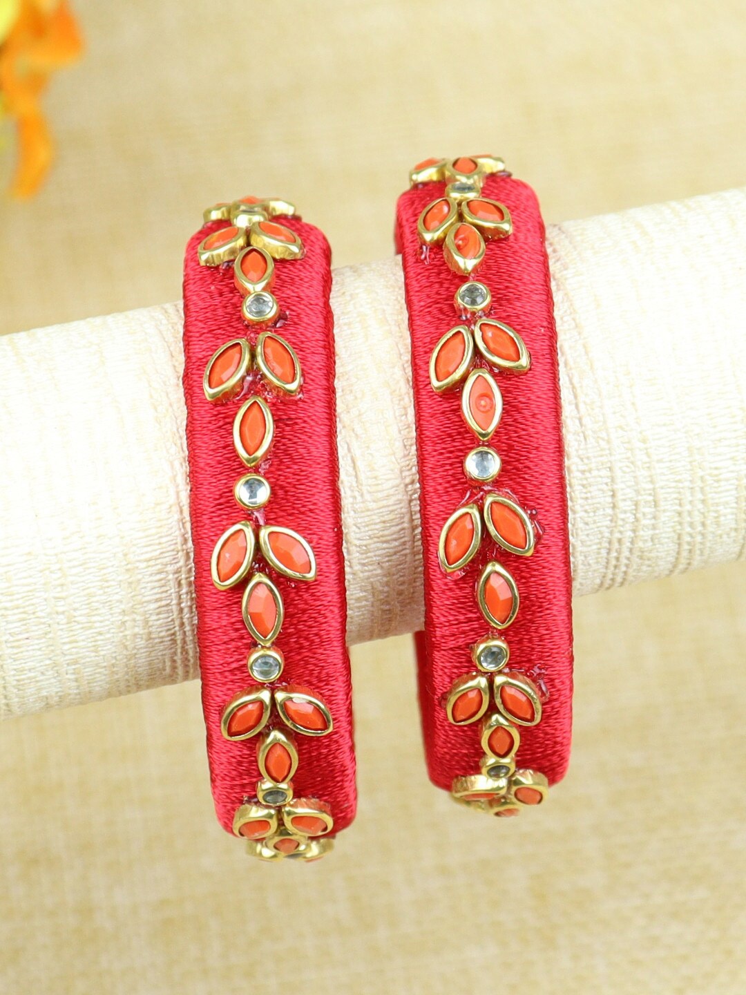 

Asthetika Kids Girls Set Of 2 Kundan Studded Thread Bangles, Red