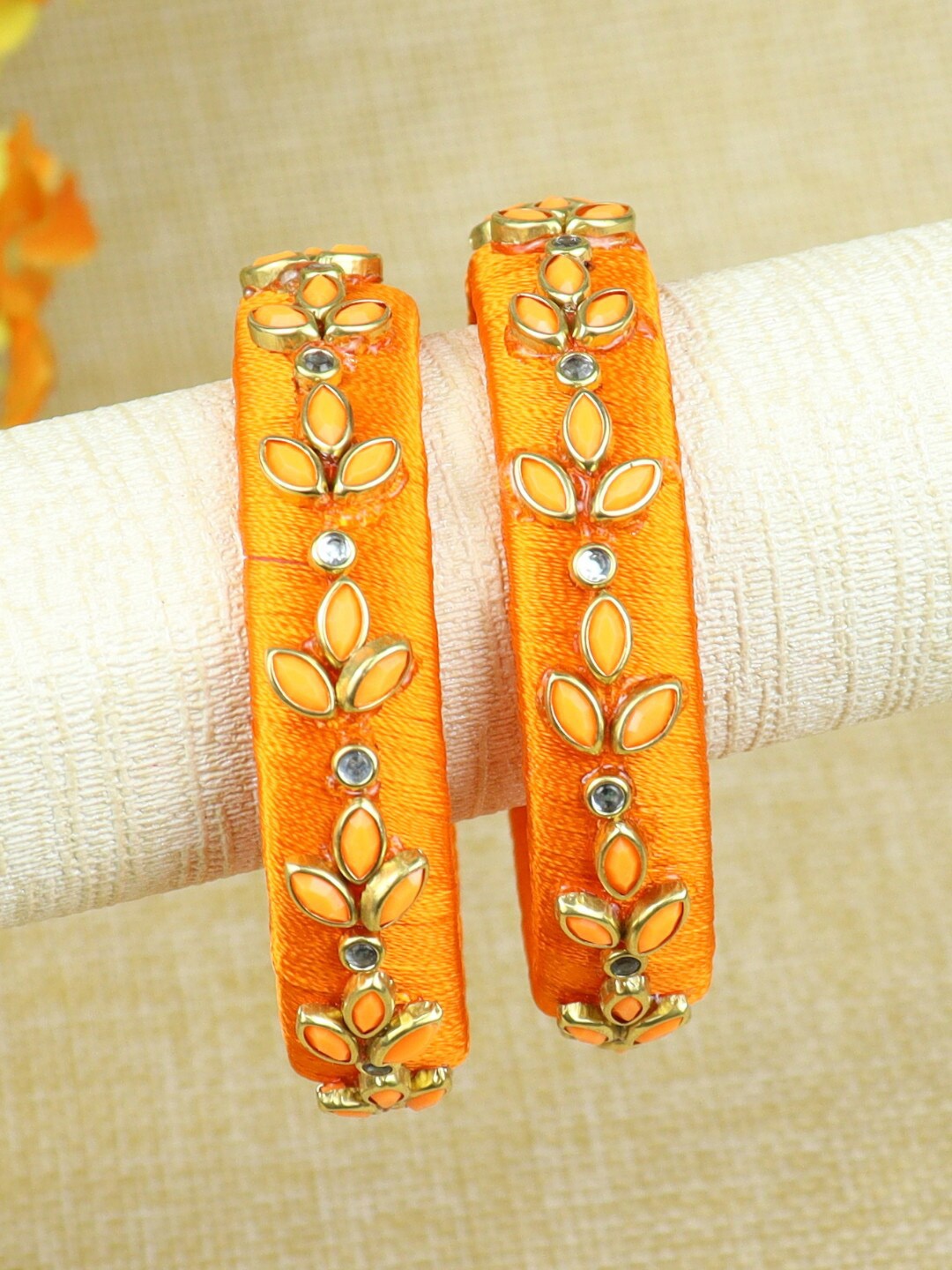 

Asthetika Girls 2-pcs Silk Thread Petal Kundan Stone studded Bangle, Orange