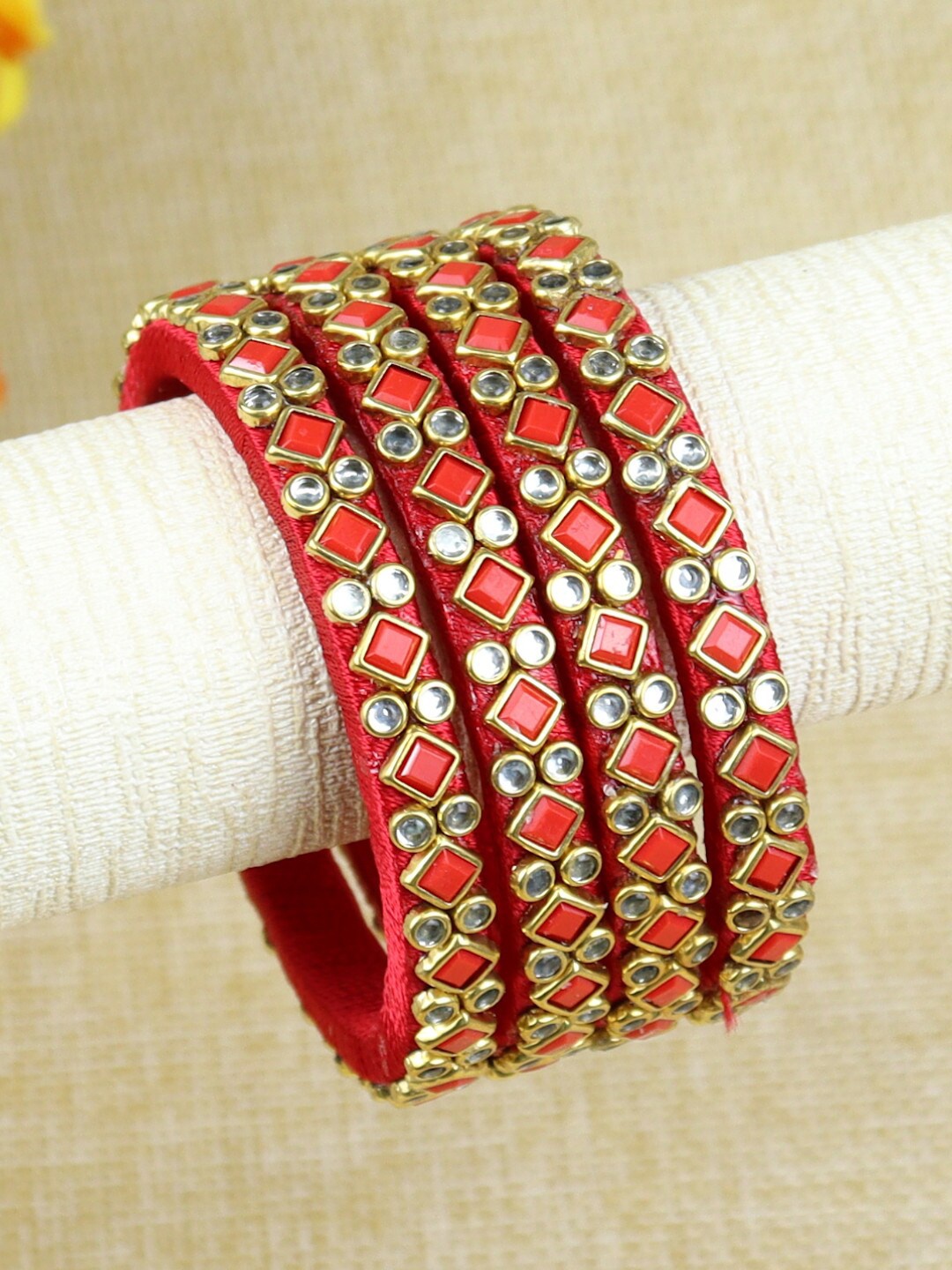 

Asthetika Kids Girls Set Of 4 Kundan Studded Thread Bangles, Red