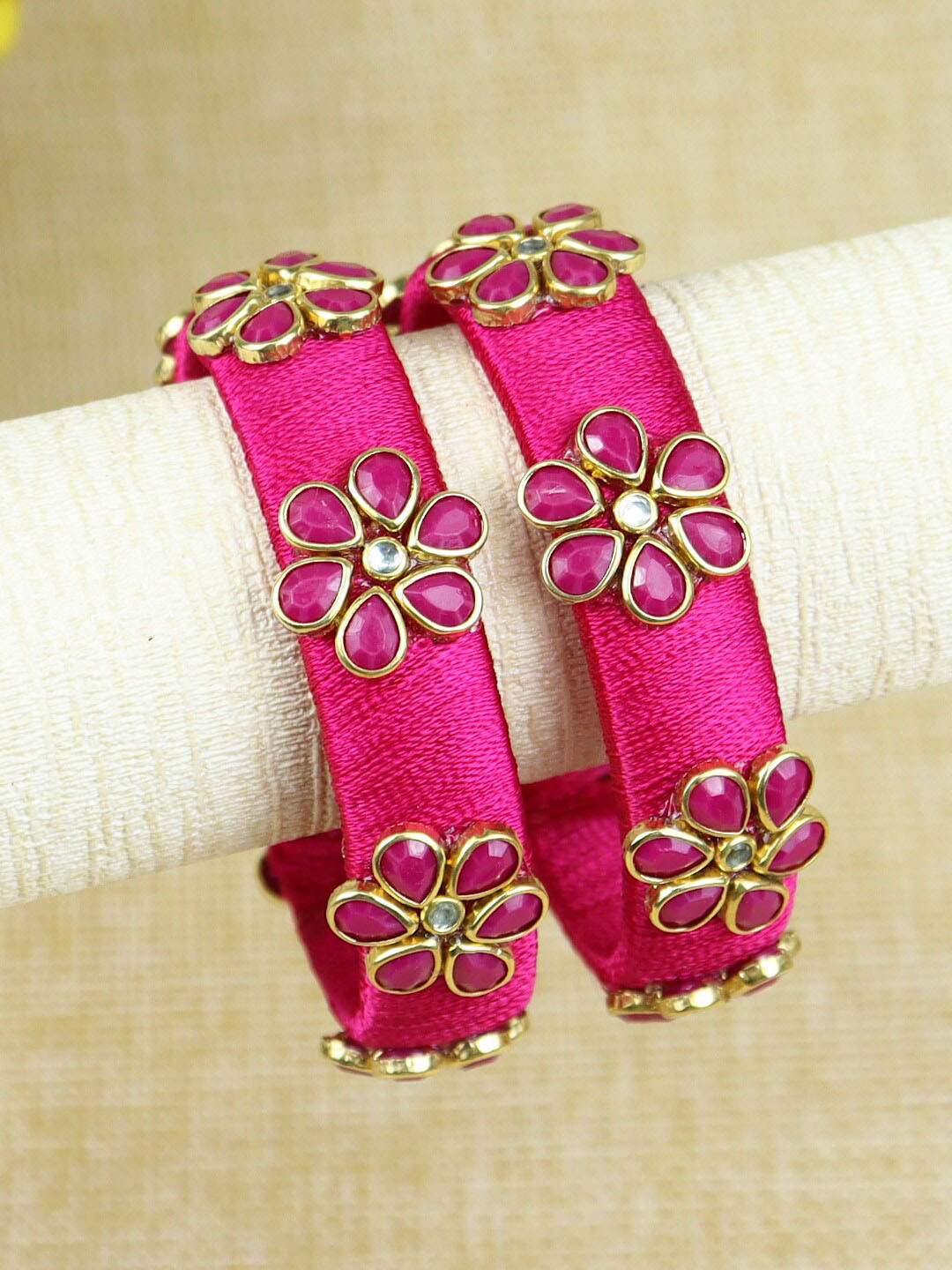 

Asthetika Girls Set of 2 Silk Thread Flower Kundan Stone Bangle, Pink