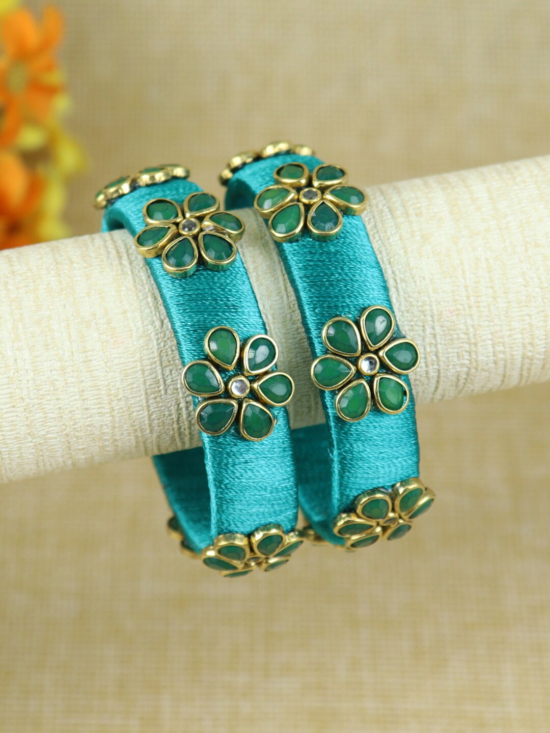 

Asthetika Girls Set of 2 Silk Thread Flower Kundan Stone Bangle, Blue