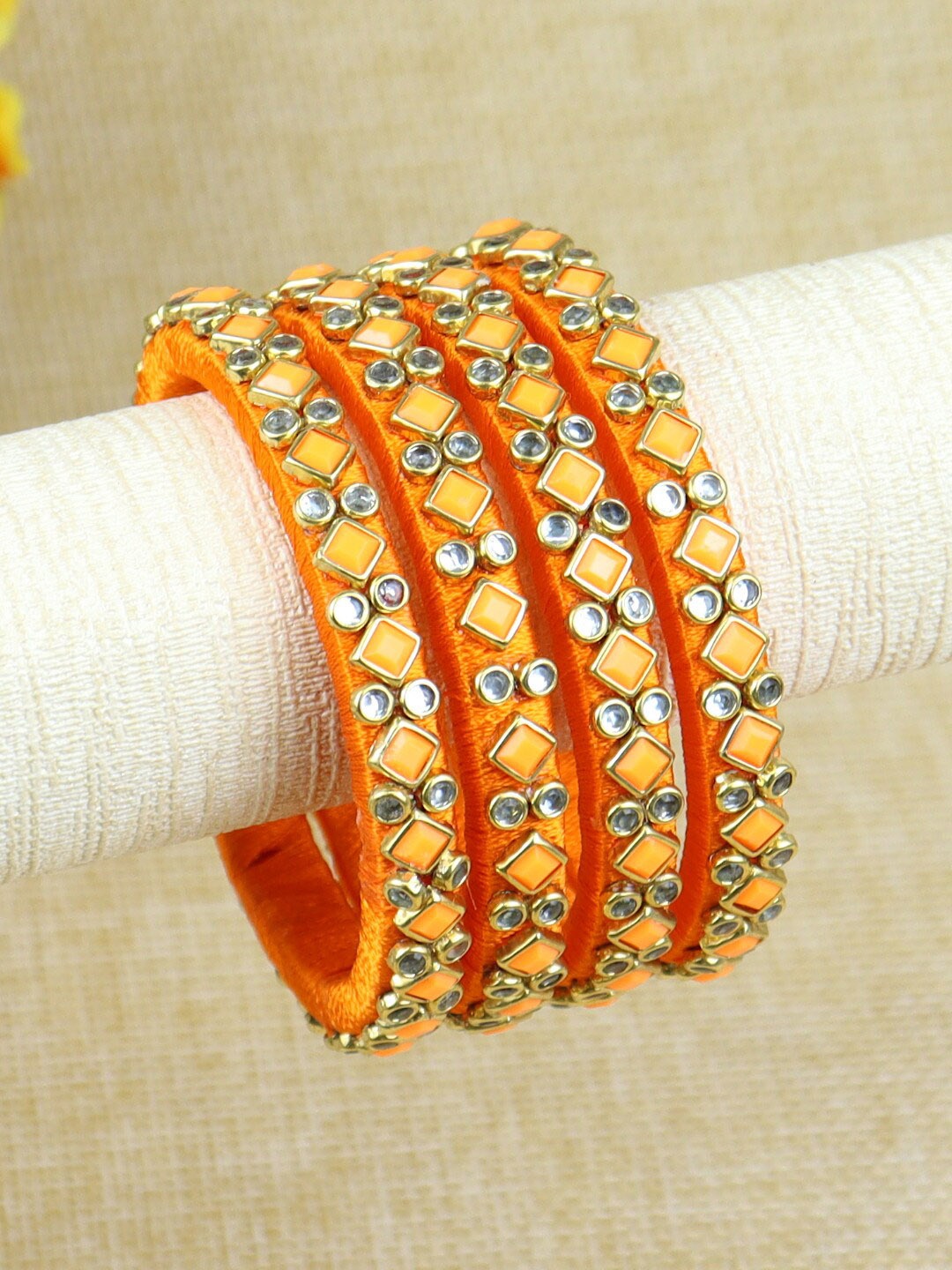 

Asthetika Kids Girls Set Of 4 Kundan Studded Thread Bangles, Orange