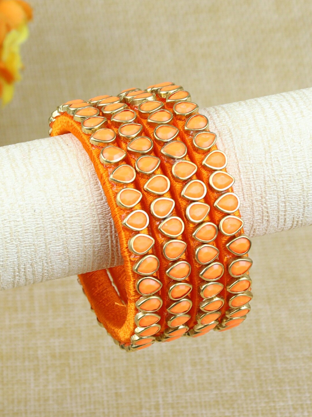 

Asthetika Kids Girls Set Of 4 Kundan Studded Thread Bangles, Orange