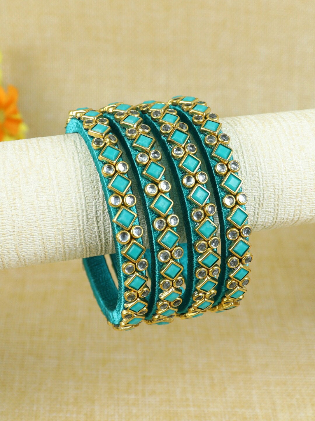 

Asthetika Girls Set of 4 Silk Thread Square Kundan Stone Studded Bangle, Blue