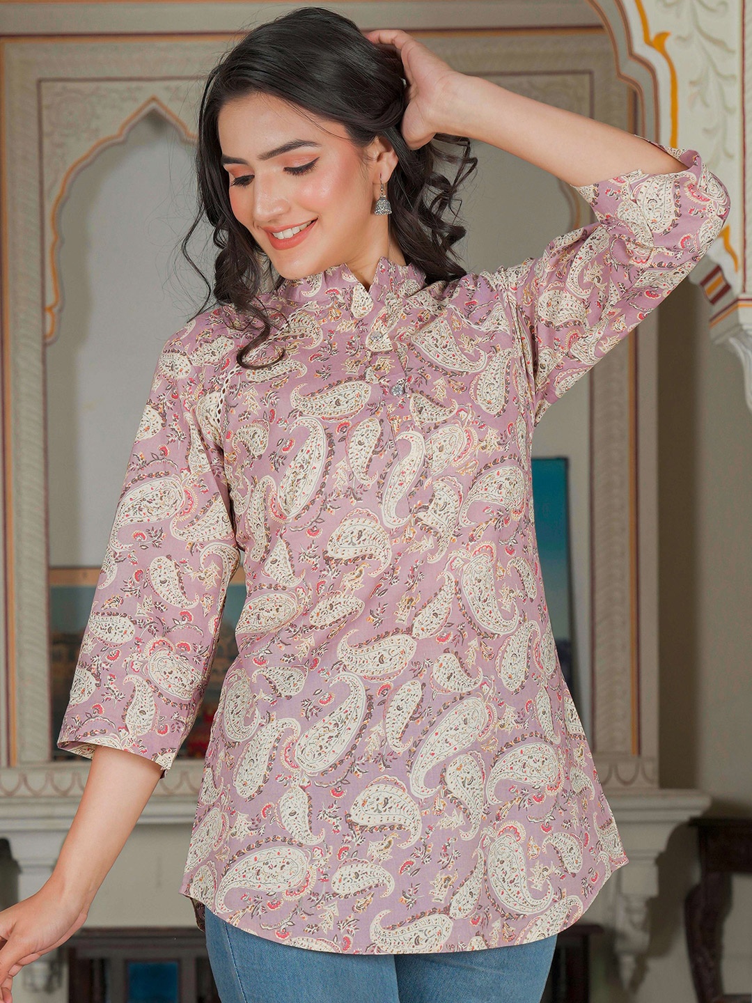 

Vbuyz Mandarin Collar Printed Ethnic Tunic, Lavender
