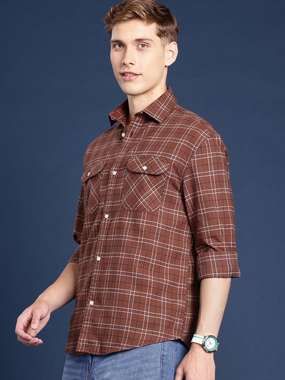 

Mast & Harbour Men Relaxed Tartan Checked Cotton Casual Shirt, Brown