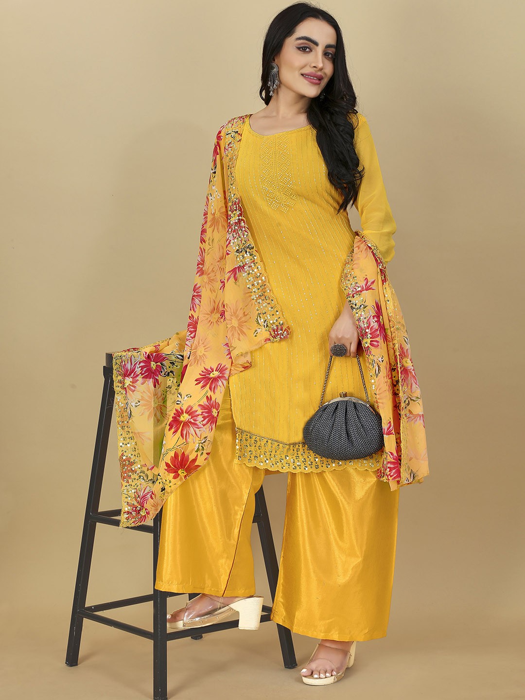 

Kiwie Women Floral Embroidered Regular Sequinned Kurta with Palazzos & With Dupatta, Yellow