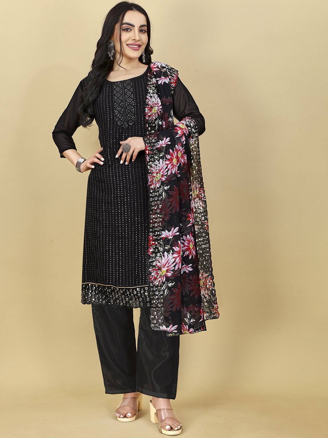 

Kiwie Women Striped Regular Sequinned Kurta with Salwar & With Dupatta, Black