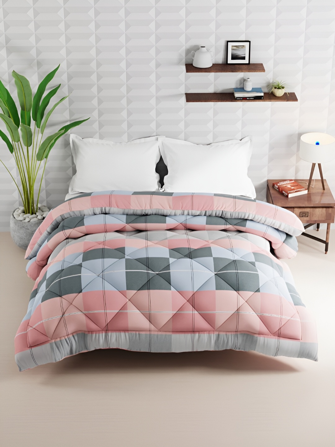 

KOPA Pink & Blue Checked AC Room 150 GSM Double Bed Comforter