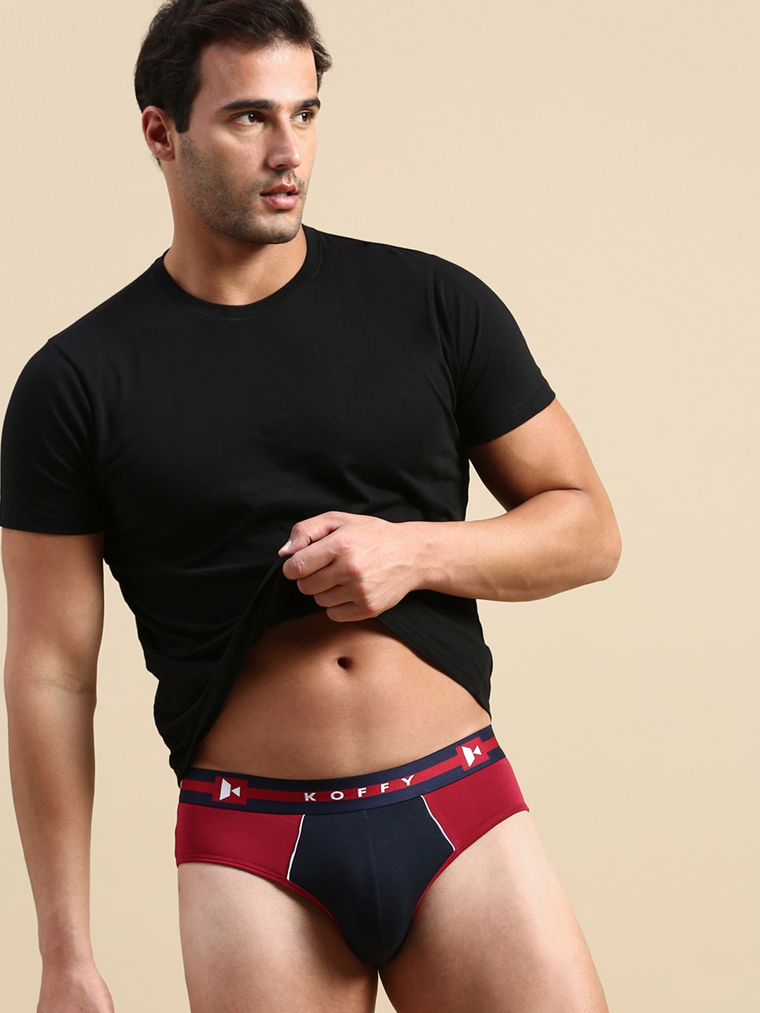 

KOFFY Men Pliable Cotton Modal Colorblocked Brief with Seamless Waistband, Maroon