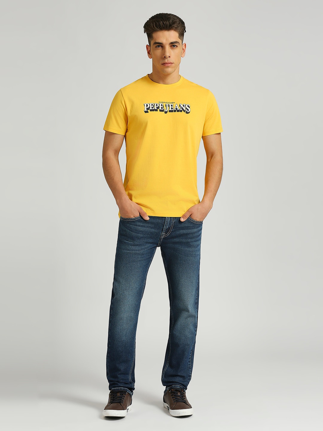 

Pepe Jeans Men Typography Pure Cotton Pockets Slim Fit T-shirt, Yellow
