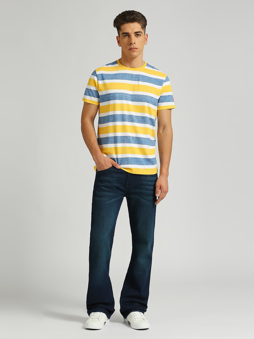 

Pepe Jeans Men Striped Pure Cotton Pockets Slim Fit T-shirt, Yellow