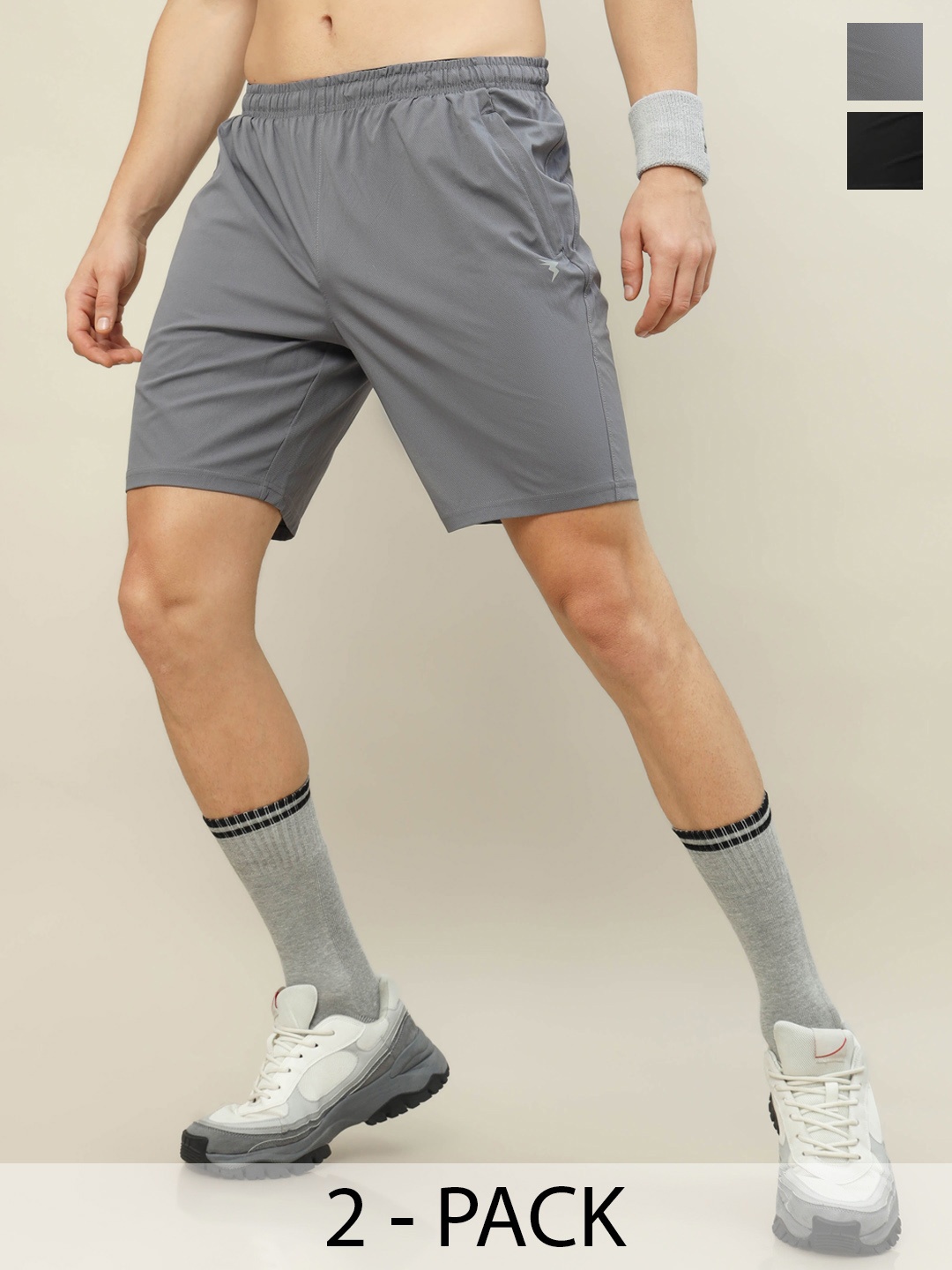 

Technosport Men Pack Of 2 Slim Fit Training or Gym Sports Shorts, Grey