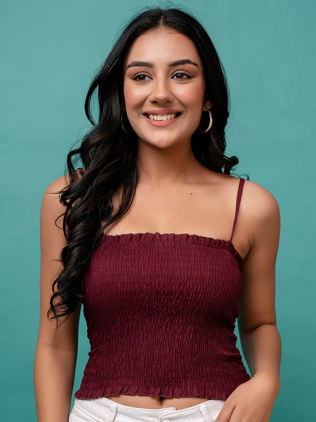 

FERANOID Smocked Crop Top, Maroon