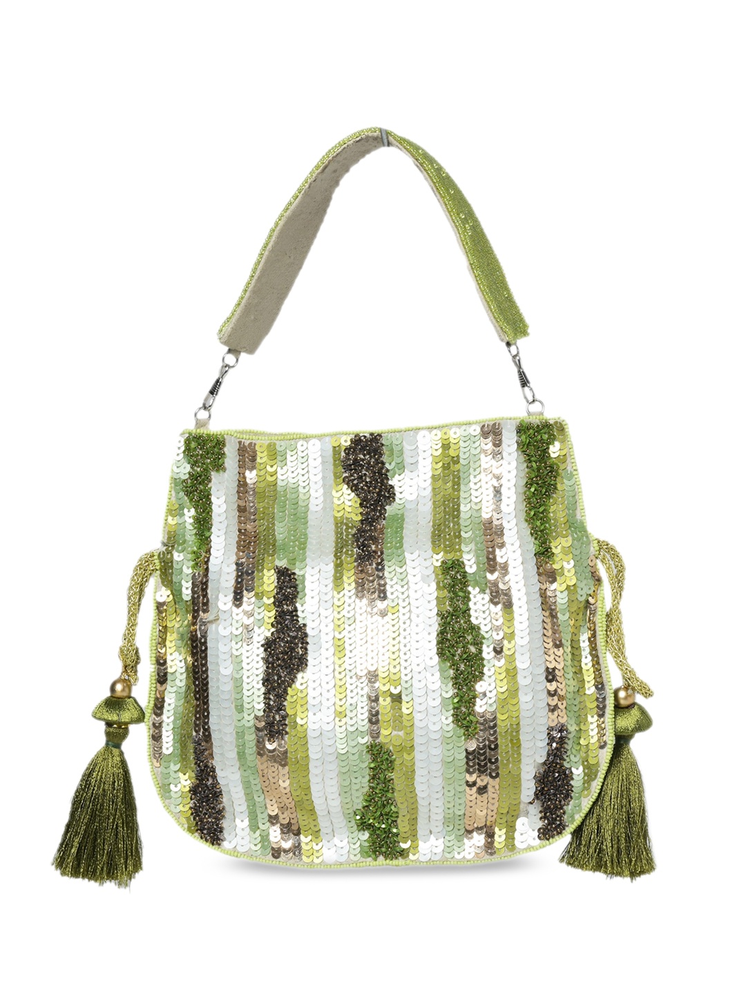 

MARKQUES Striped Suede Oversized Half Moon Shoulder Bag with Tasselled, Green