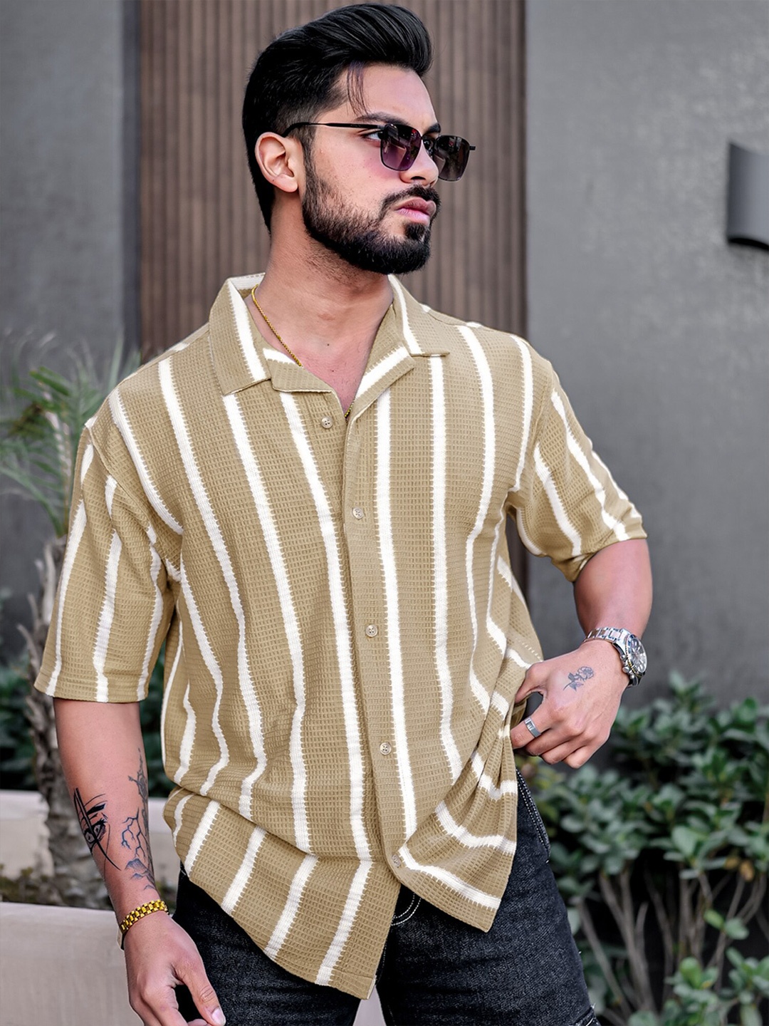 

Maniac Men Comfort Opaque Striped Casual Shirt, Beige