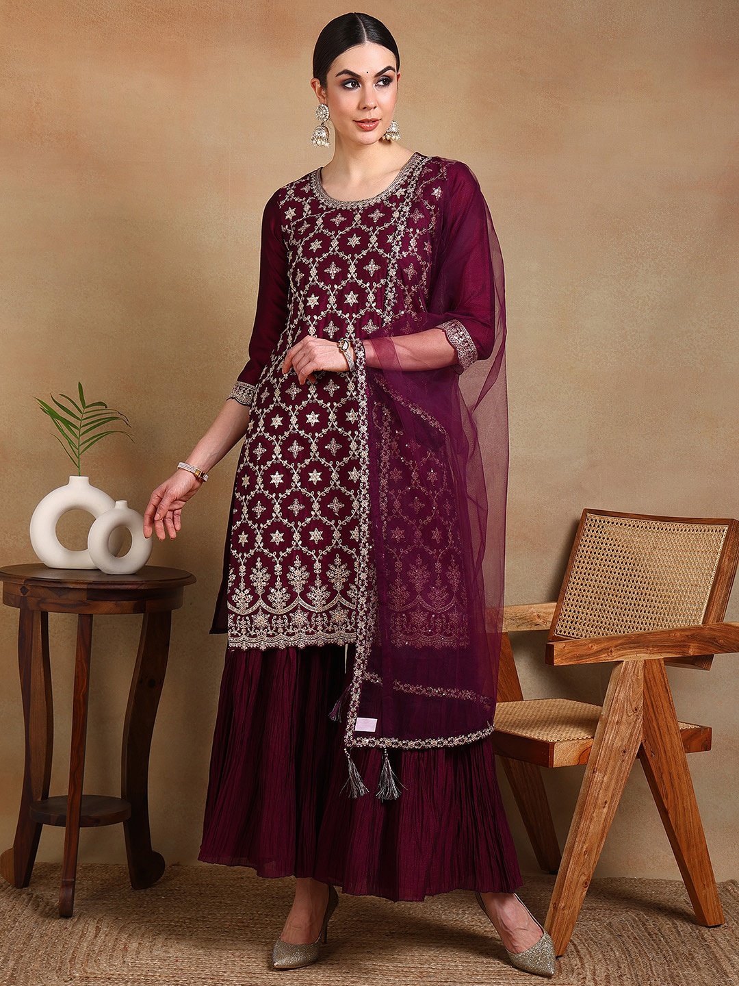 

AHIKA Women Embroidered Regular Kurta with Sharara & With Dupatta, Burgundy