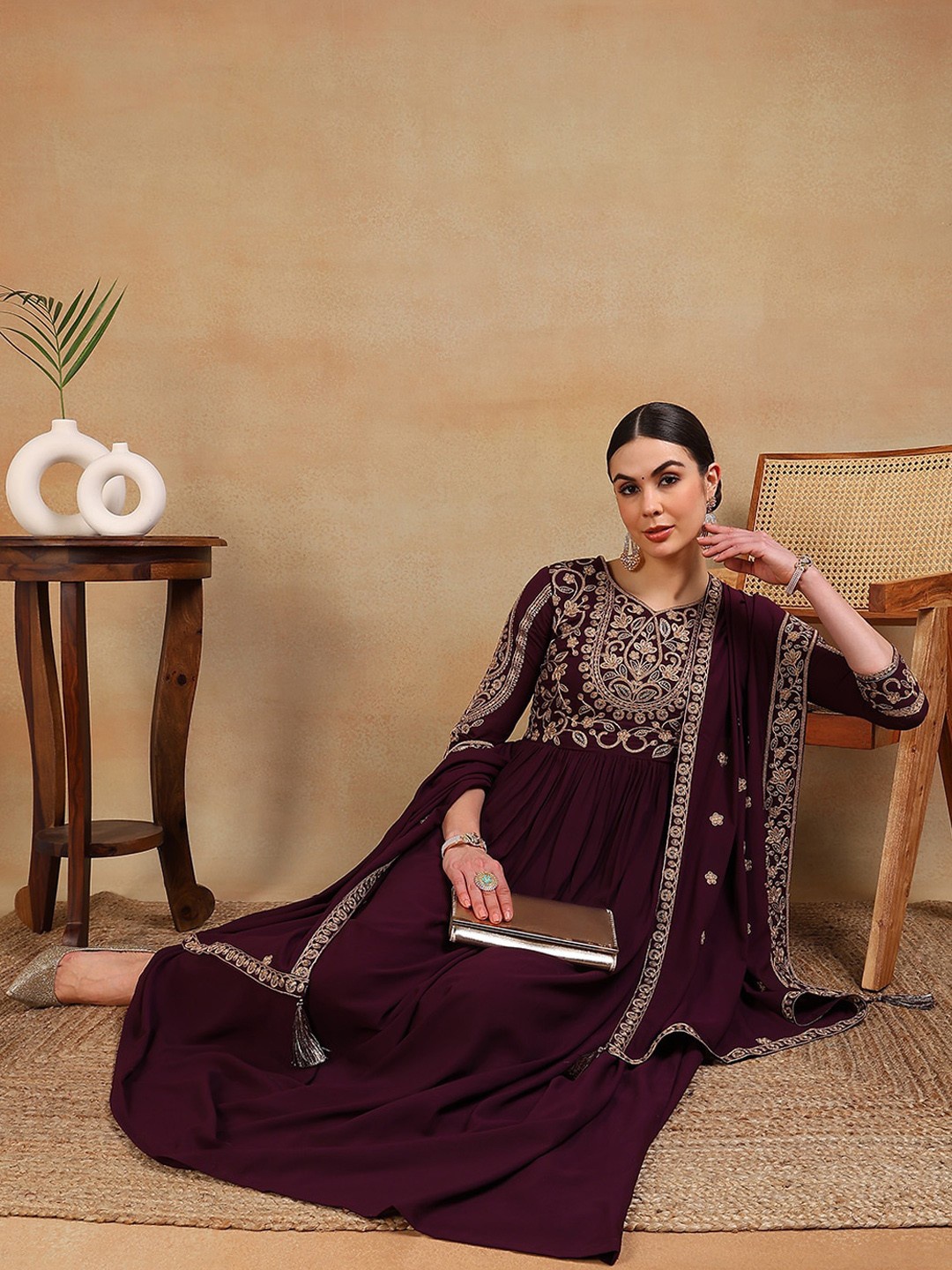 

AHIKA Women Yoke Design Keyhole Neck Georgette Anarkali Kurta, Maroon
