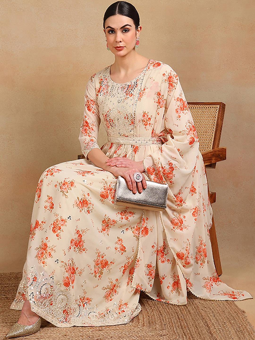 

AHIKA Women Floral Printed Empire Sequinned Kurta with Trousers & With Dupatta, Off white