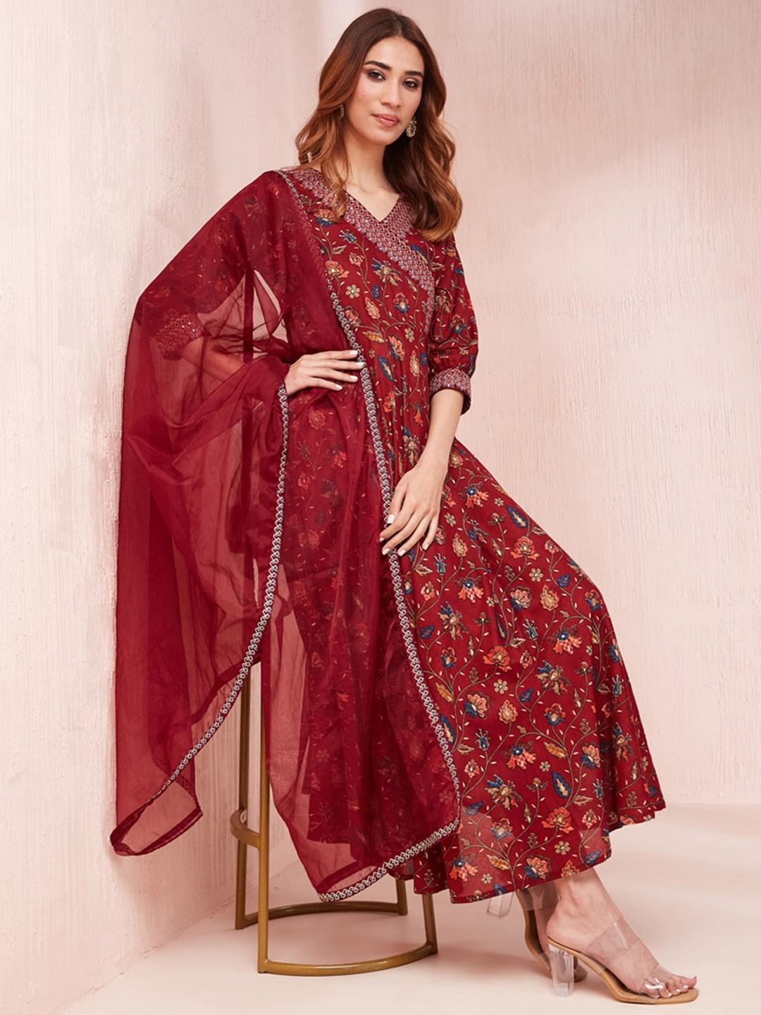 

Yufta Women Floral Printed Angrakha Sequinned Kurta with Trousers & With Dupatta, Maroon