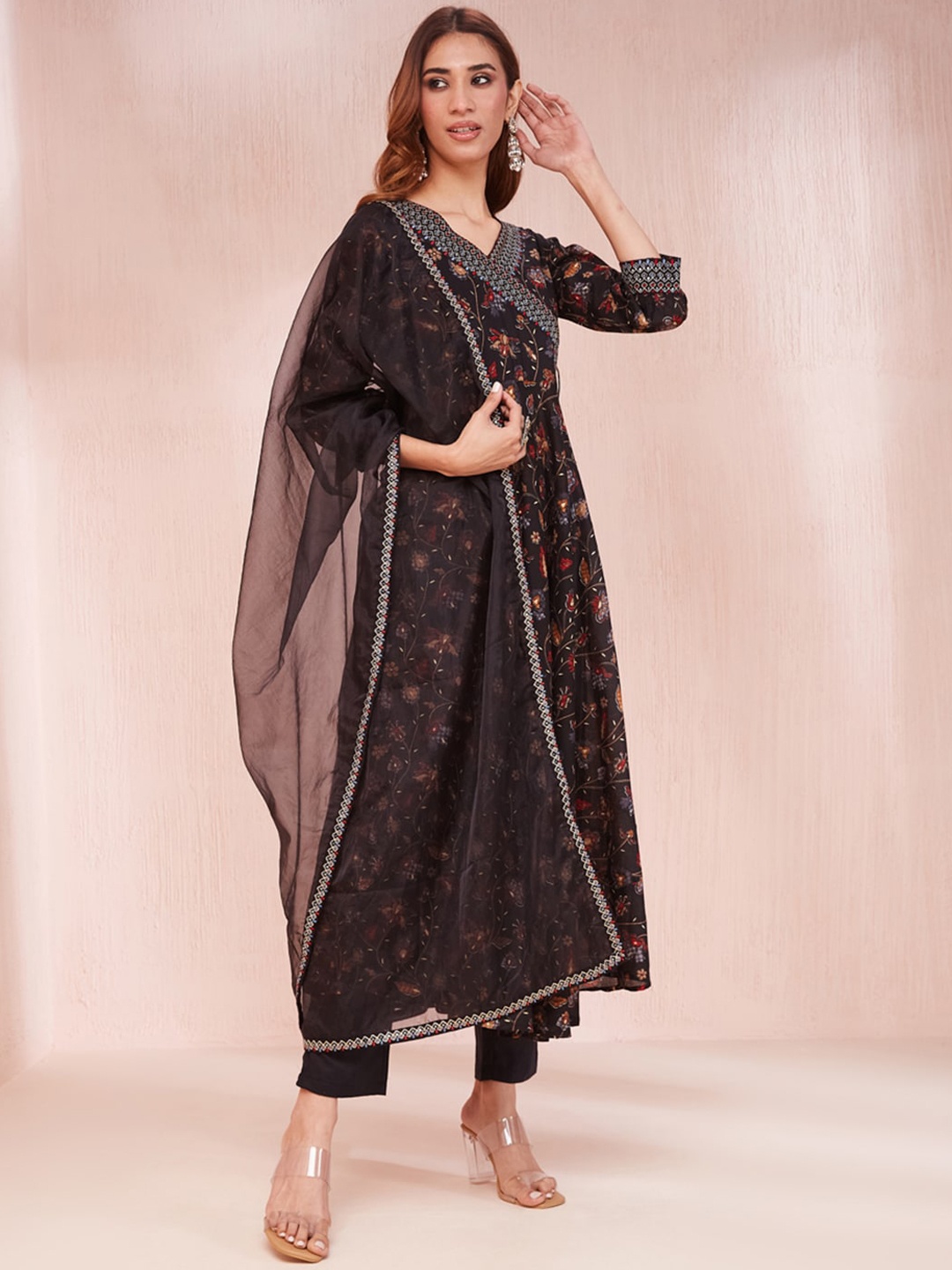 

Yufta Women Floral Printed Angrakha Sequinned Kurta with Trousers & With Dupatta, Black