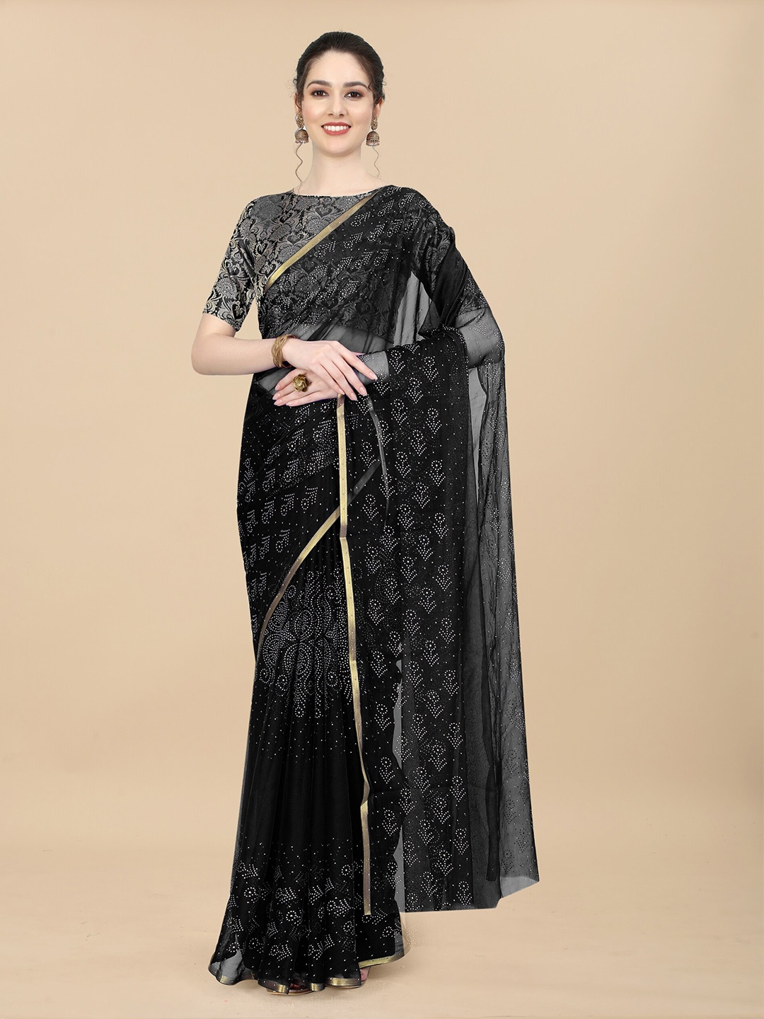 

Aardiva Polka Dot Beads and Stones Poly Chiffon Saree, Black