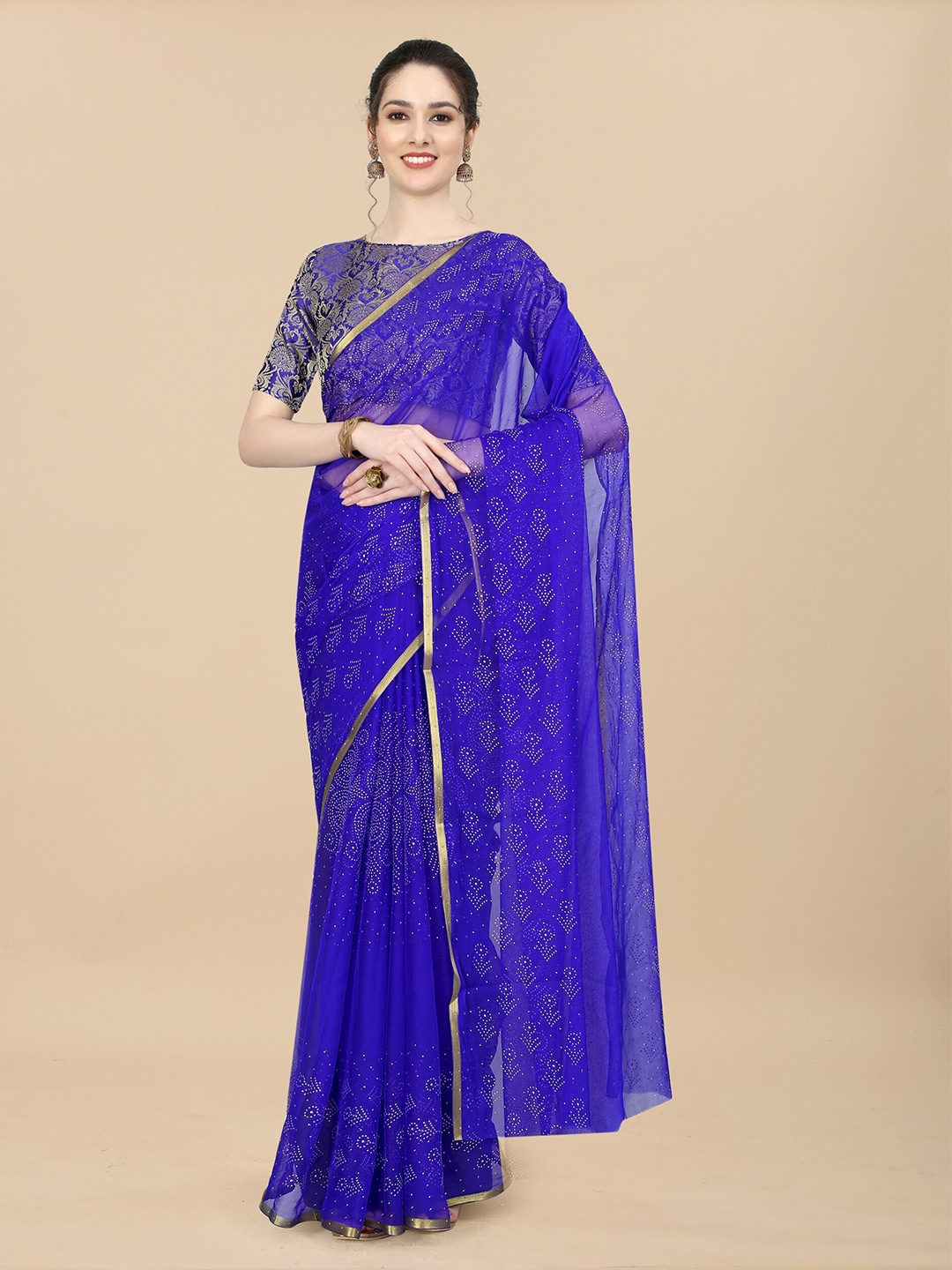 

Aardiva Beads and Stones Poly Chiffon Saree, Blue