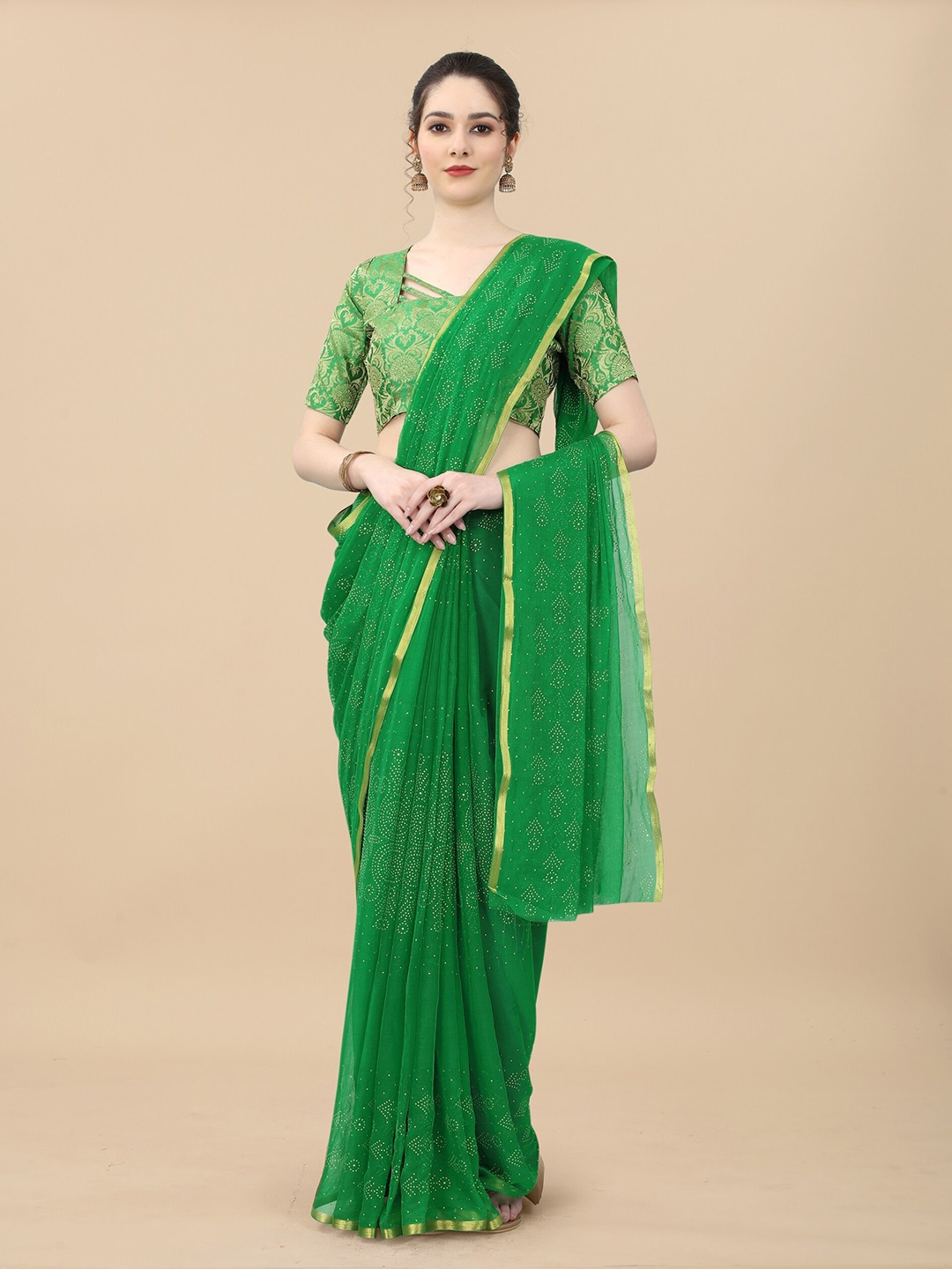 

Aardiva Polka Dot Zari Poly Chiffon Saree, Green