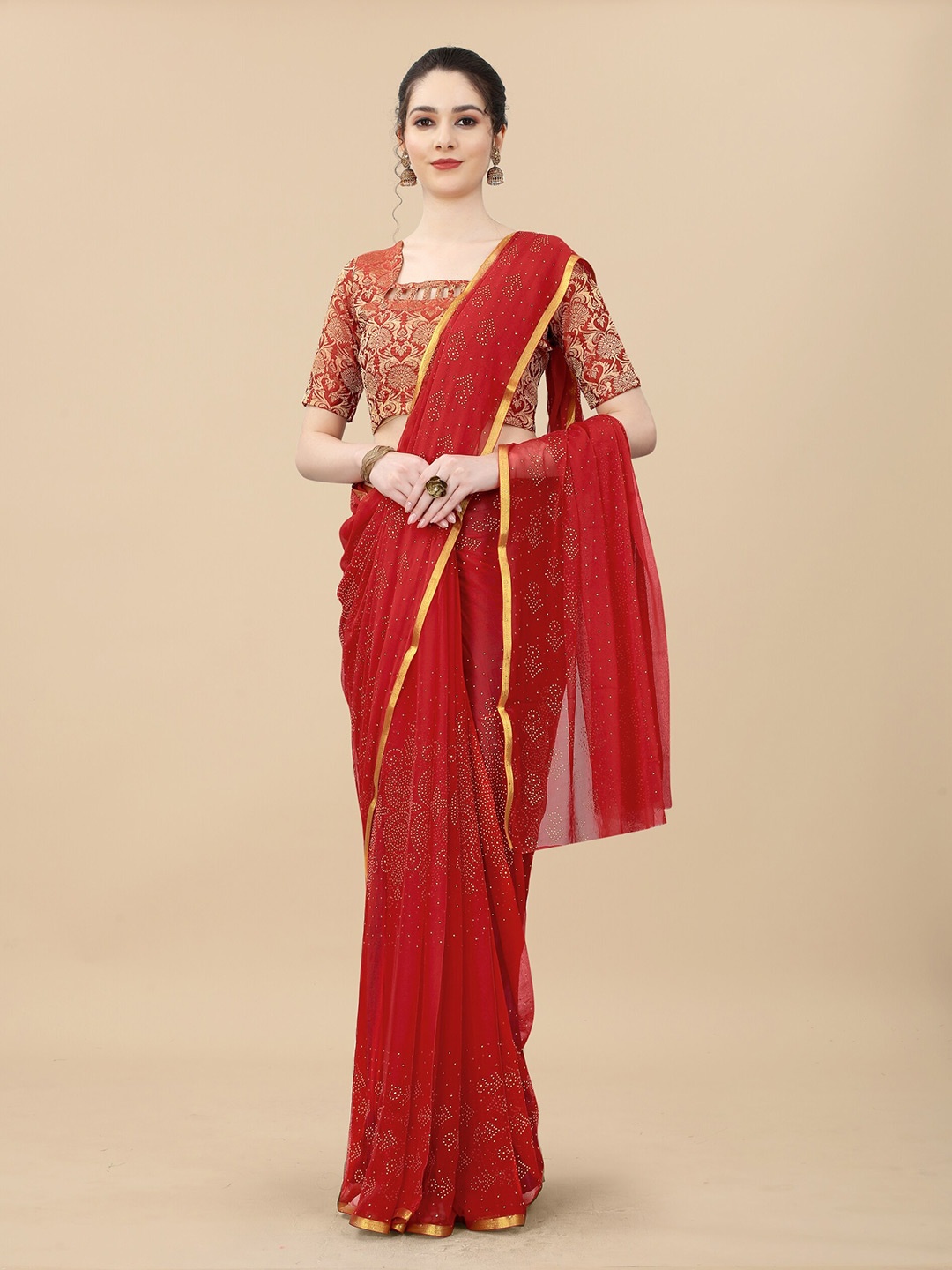 

Aardiva Polka Dot Zari Poly Chiffon Saree, Red