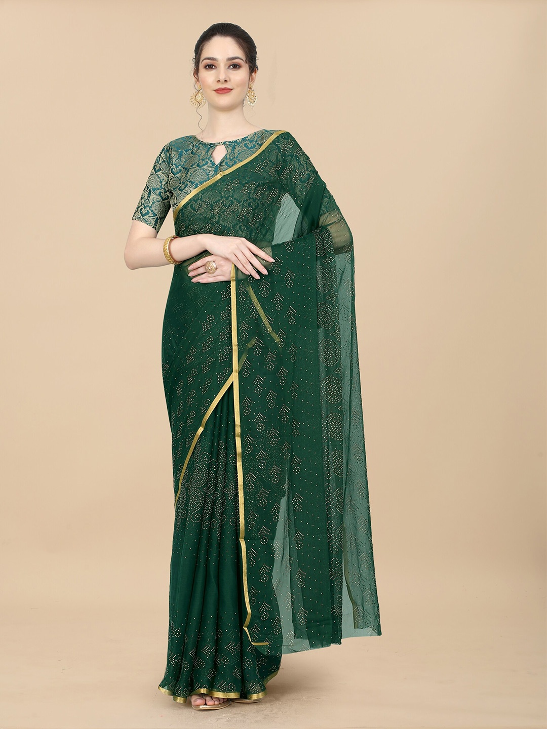 

Aardiva Embellished Zari Poly Chiffon Fusion Saree, Green