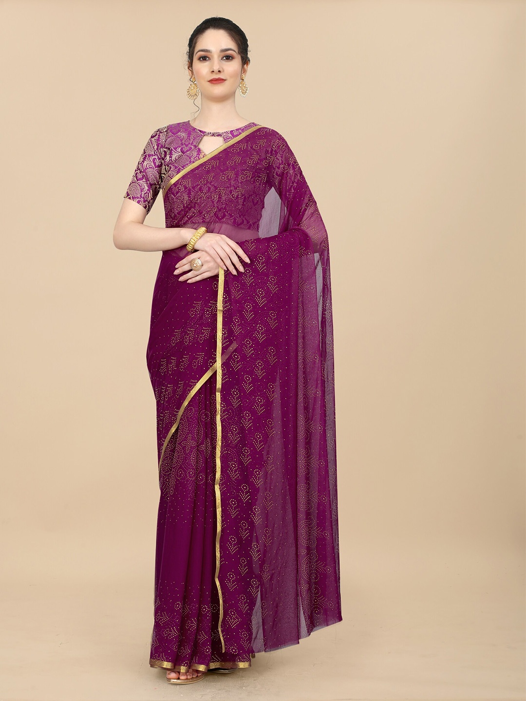 

Aardiva Floral Zari Poly Chiffon Saree, Purple