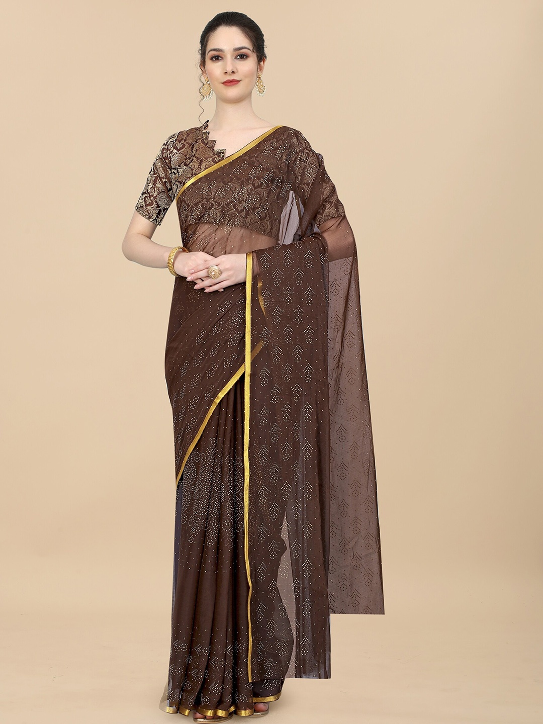 

Aardiva Floral Poly Chiffon Saree, Brown