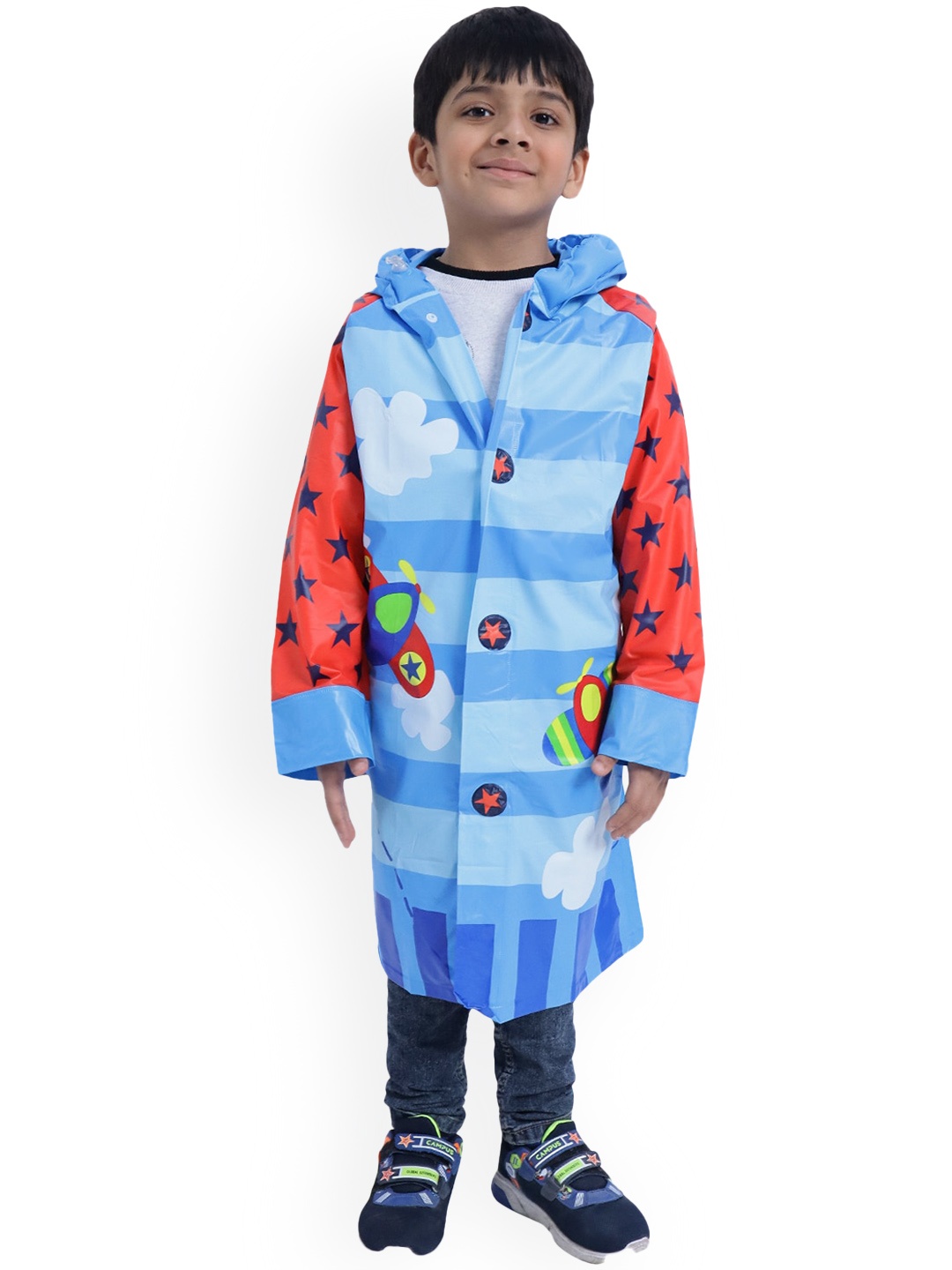 

Zacharias Boys Printed Hooded Rain Jacket With Attached School Bag Space, Blue
