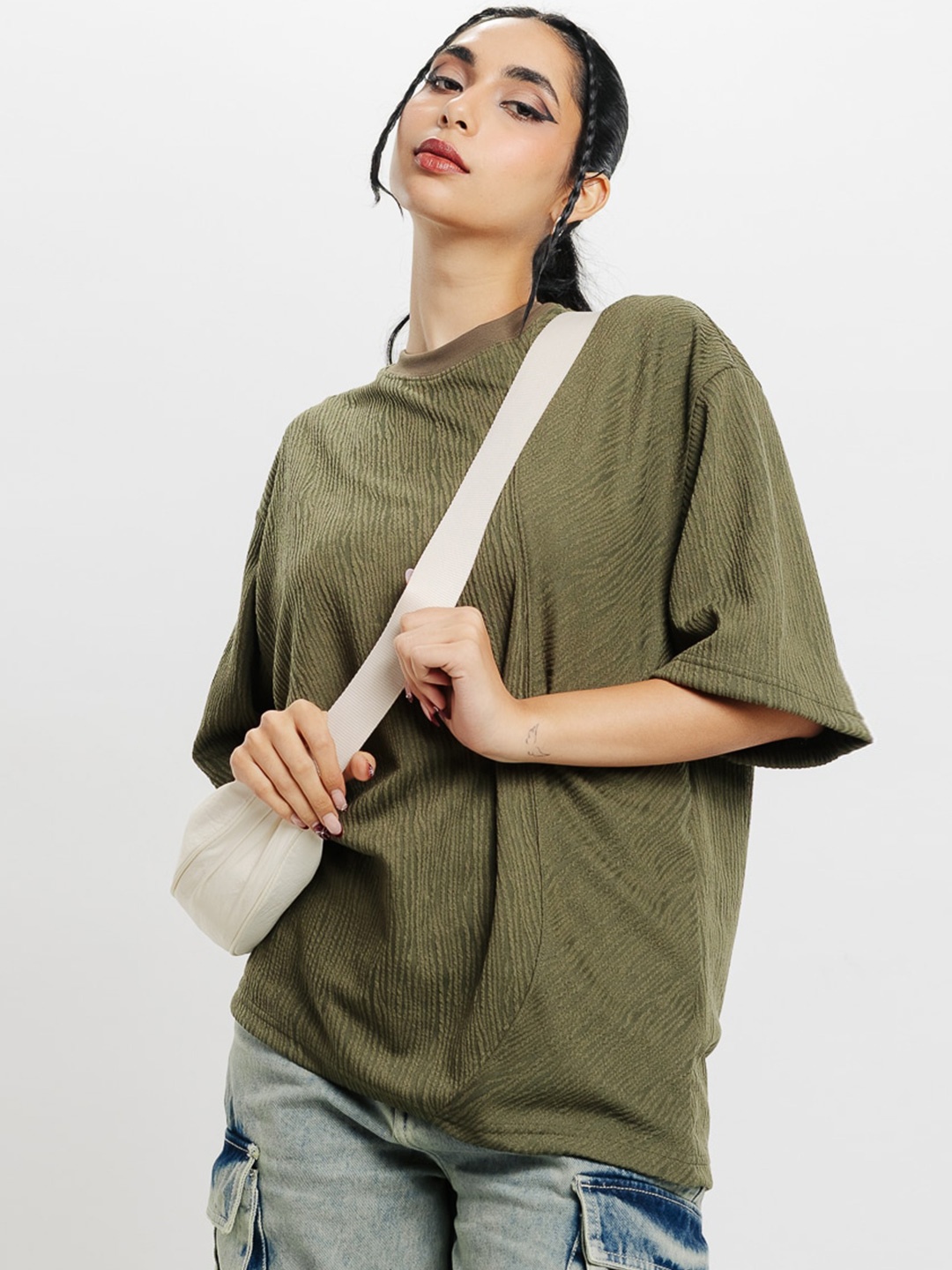 

FREAKINS Olive Green Self Design Round Neck Drop-Shoulder Sleeves Cotton Oversized T-shirt